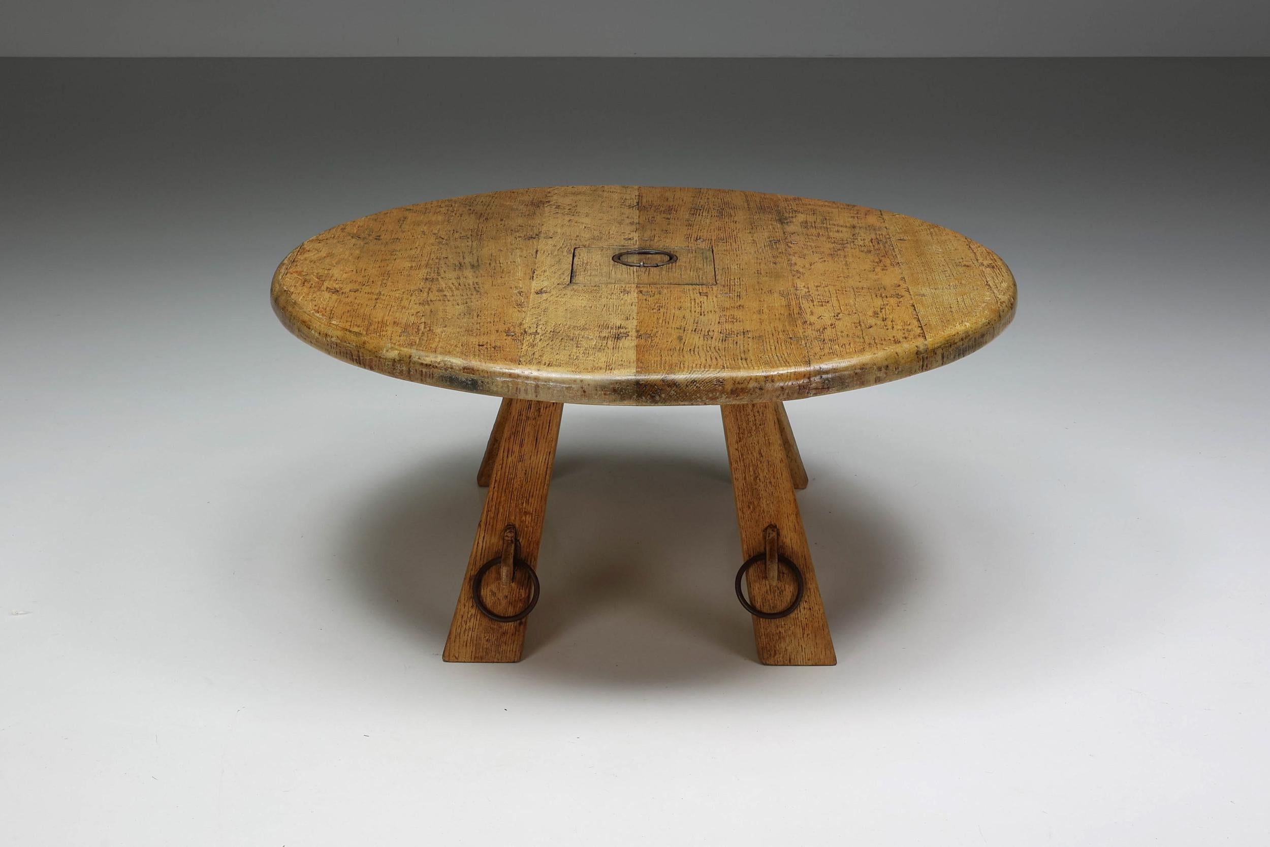 French Round Rustic Coffee Table with Ring I, Mid-Century Modern, Wabi-Sabi, 1960's