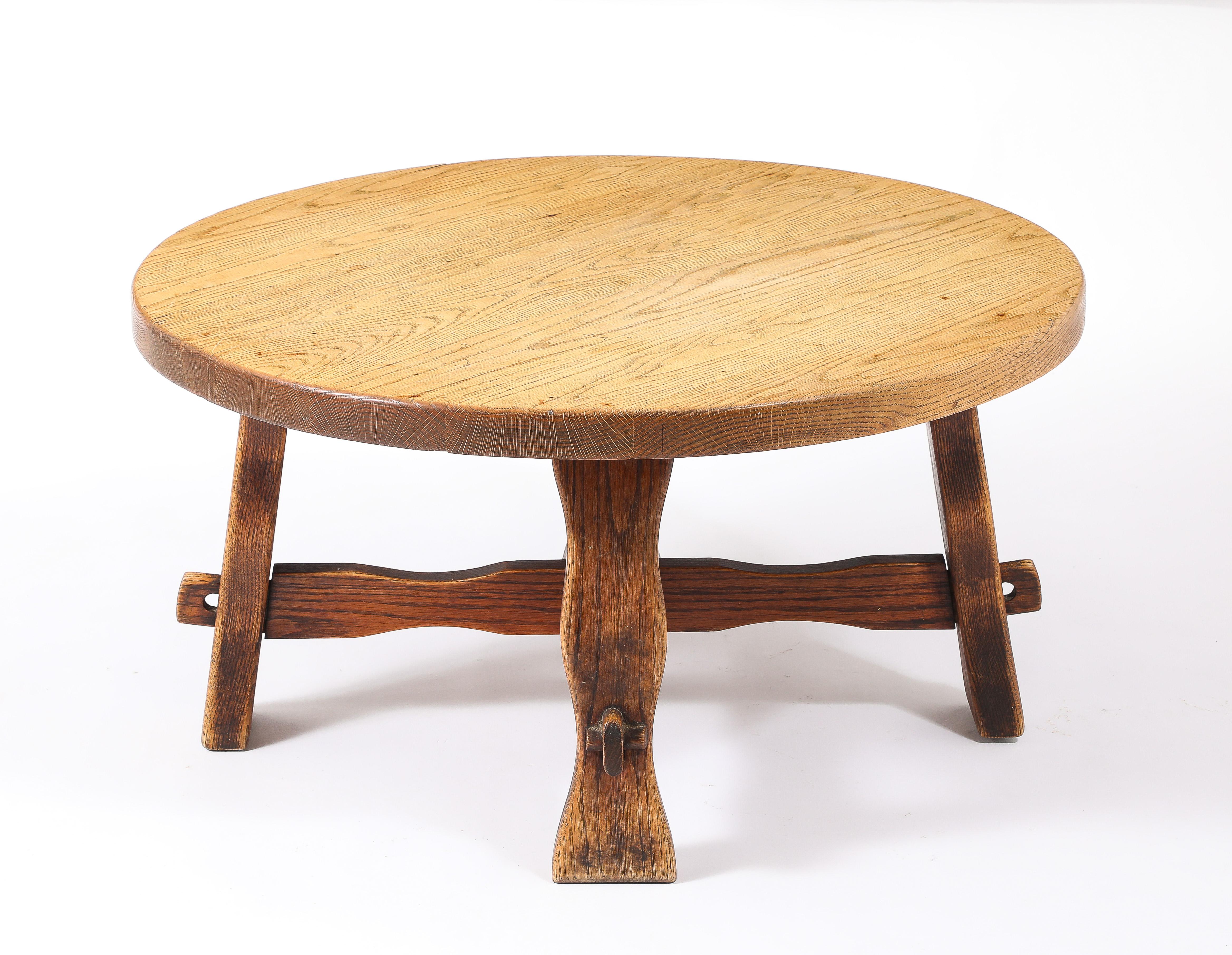 Mid-Century Modern Round Rustic Oak Coffee Table, France 1940's For Sale