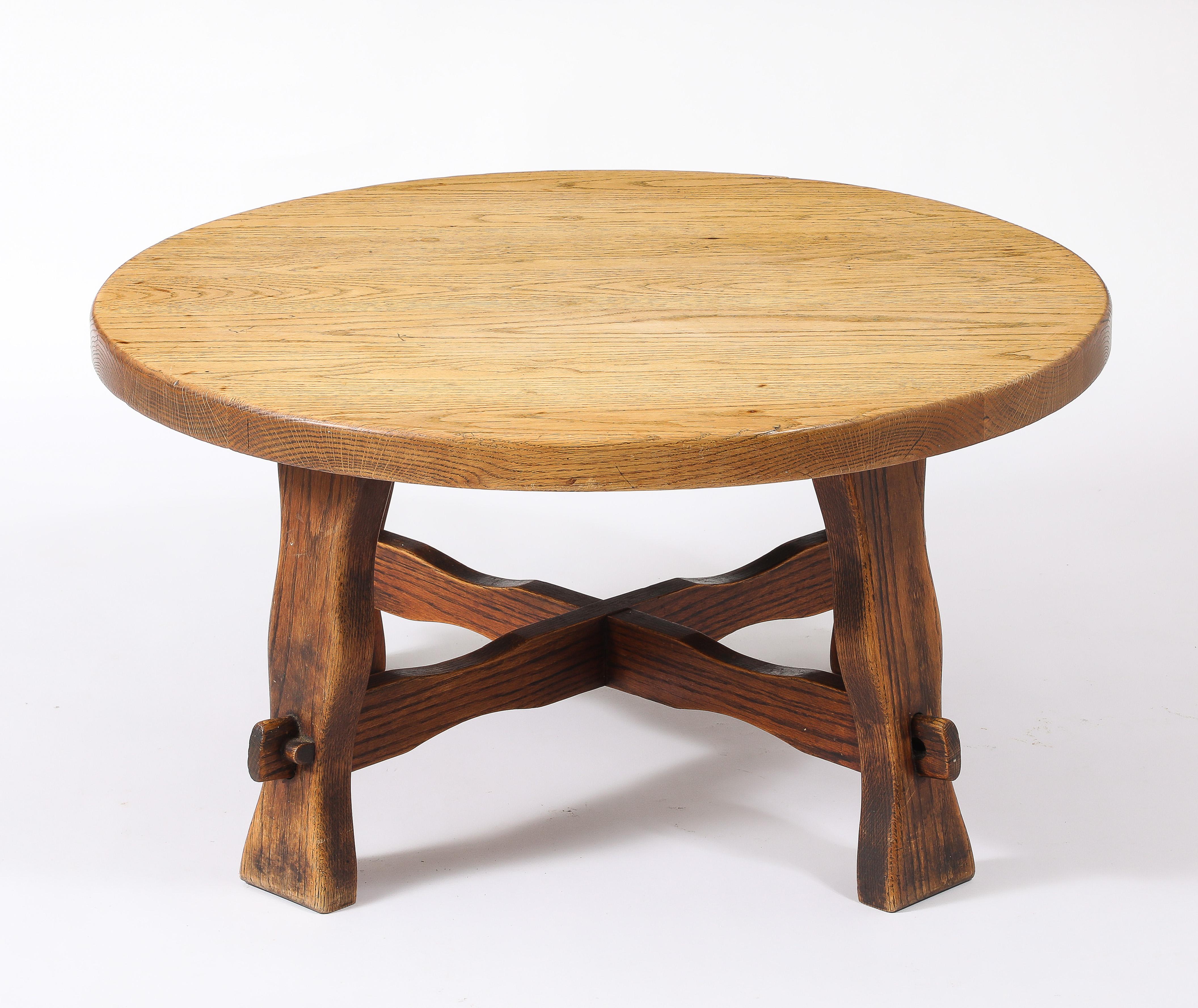 20th Century Round Rustic Oak Coffee Table, France 1940's For Sale