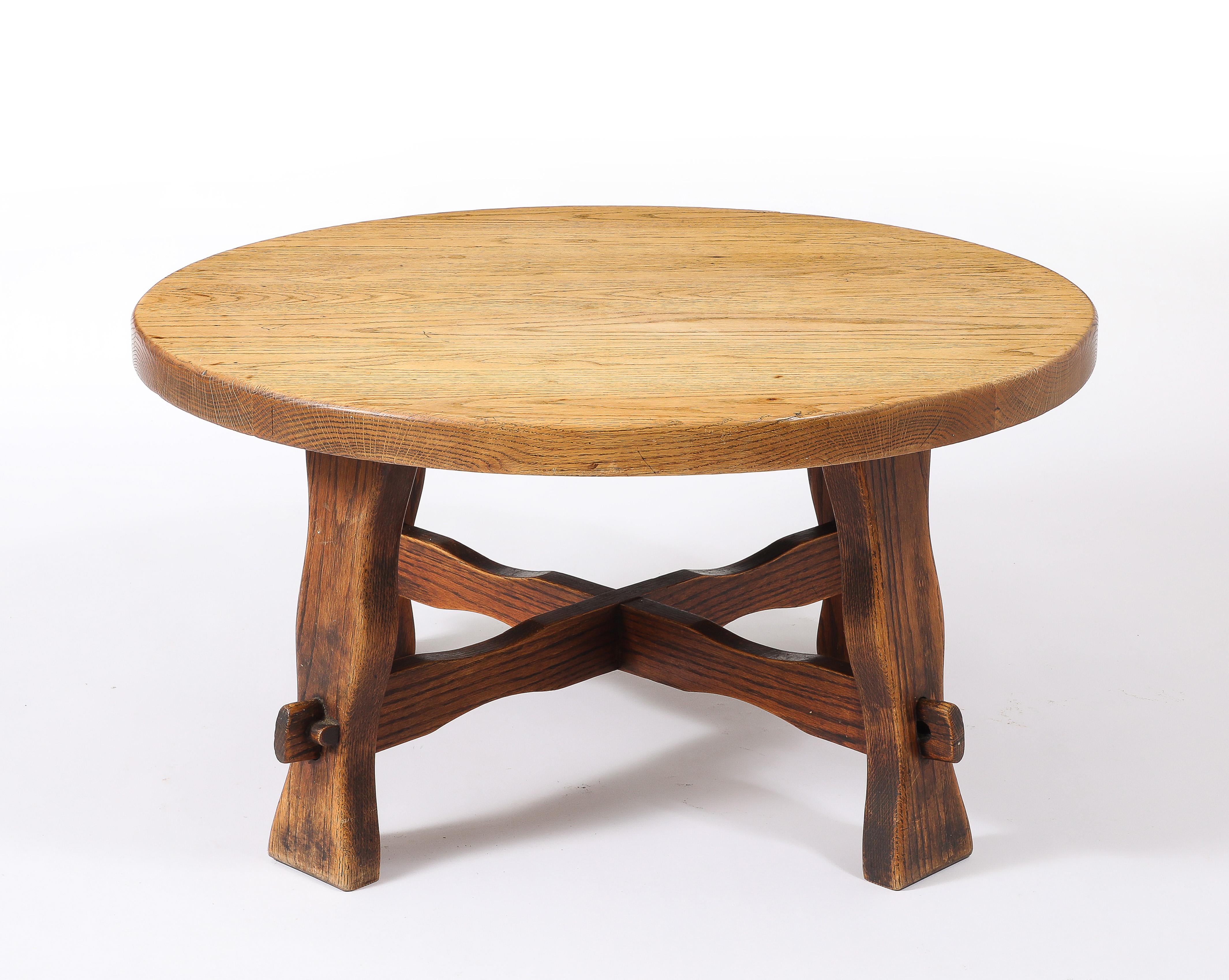Round Rustic Oak Coffee Table, France 1940's For Sale 2