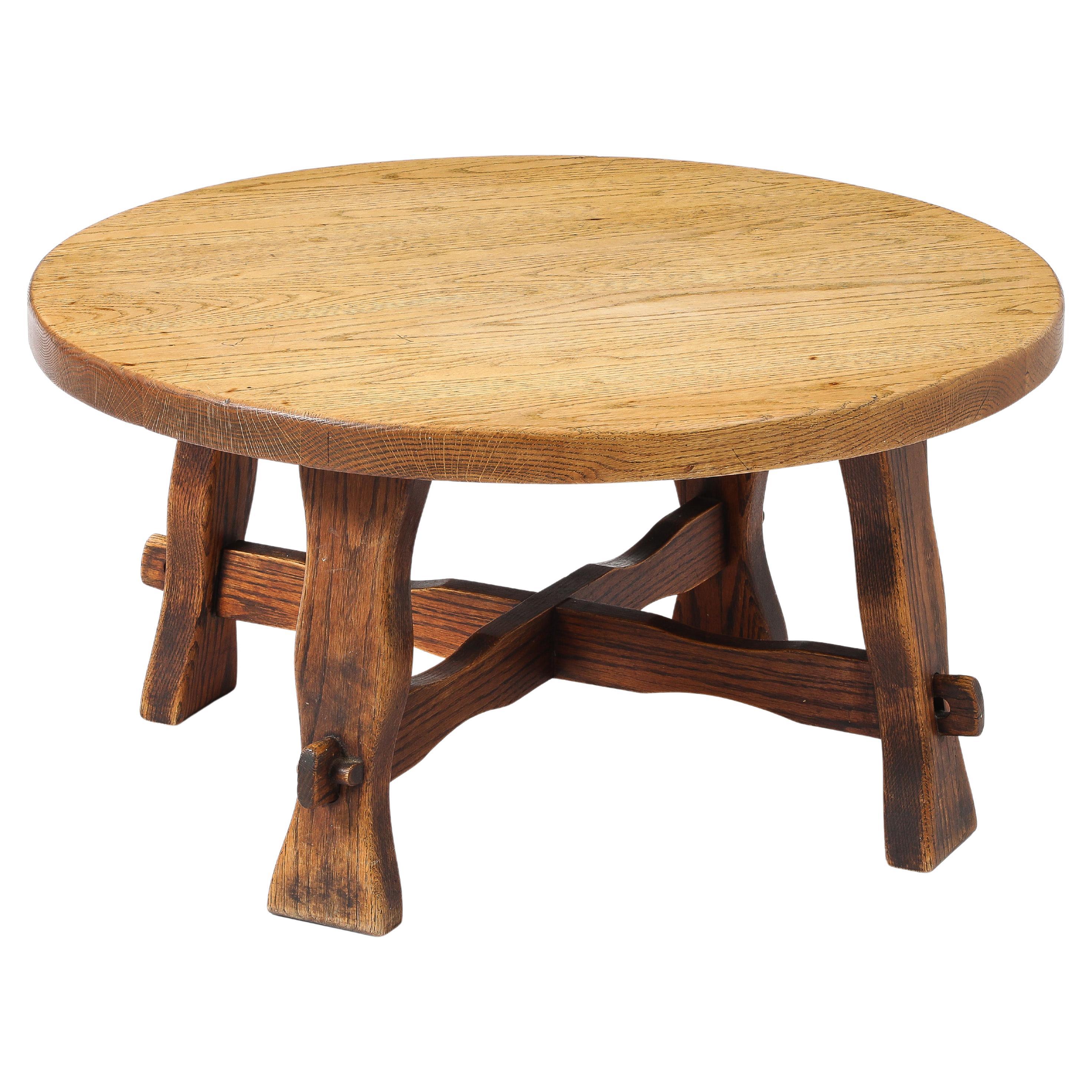 Round Rustic Oak Coffee Table, France 1940's For Sale