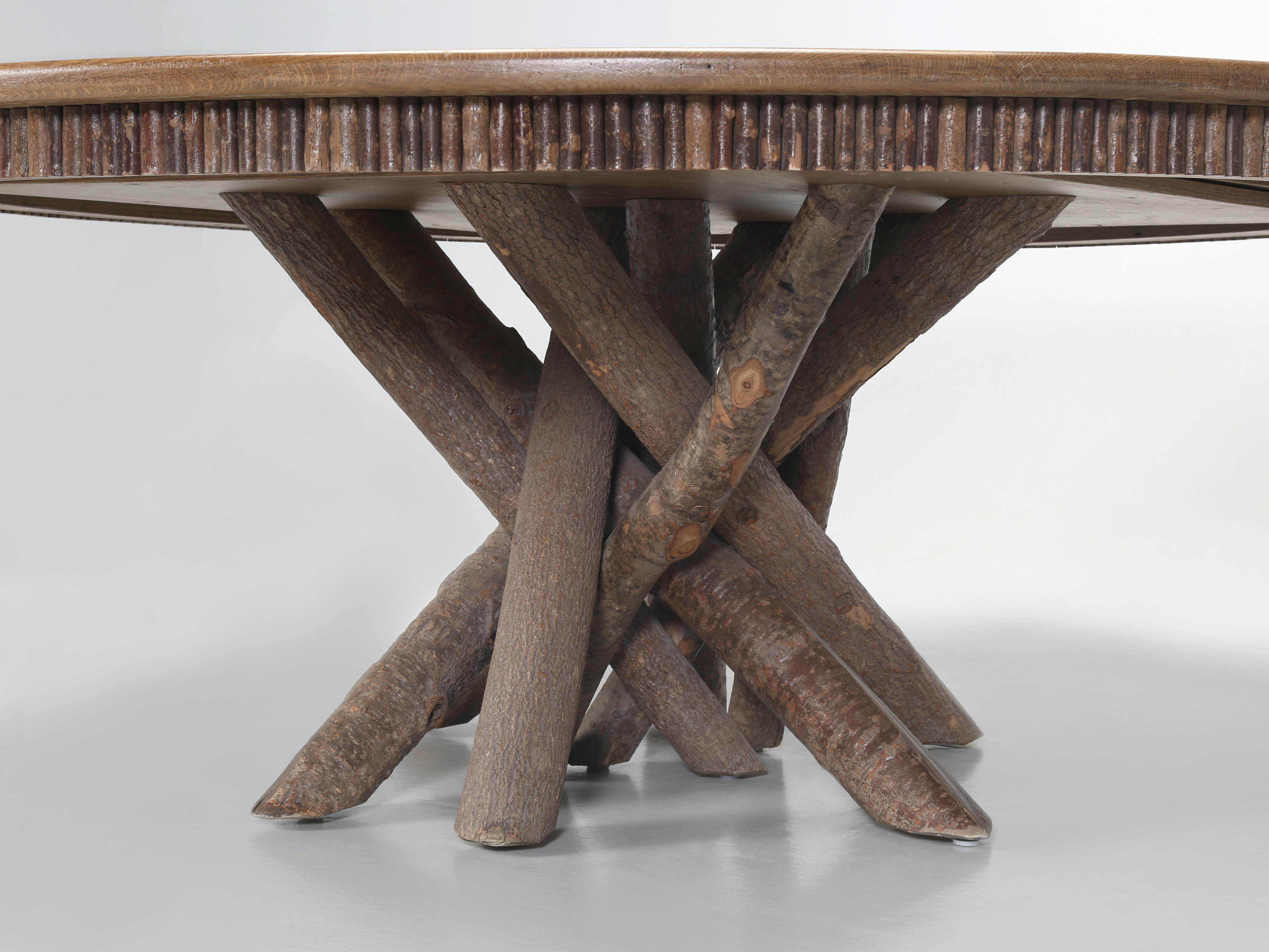 Round Rustic Oak Hand-Scraped Dining Table (8) Matching Chairs Made in Wisconsin For Sale 1