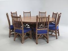 Round Rustic Oak Hand-Scraped Dining Table (8) Matching Chairs Made in Wisconsin