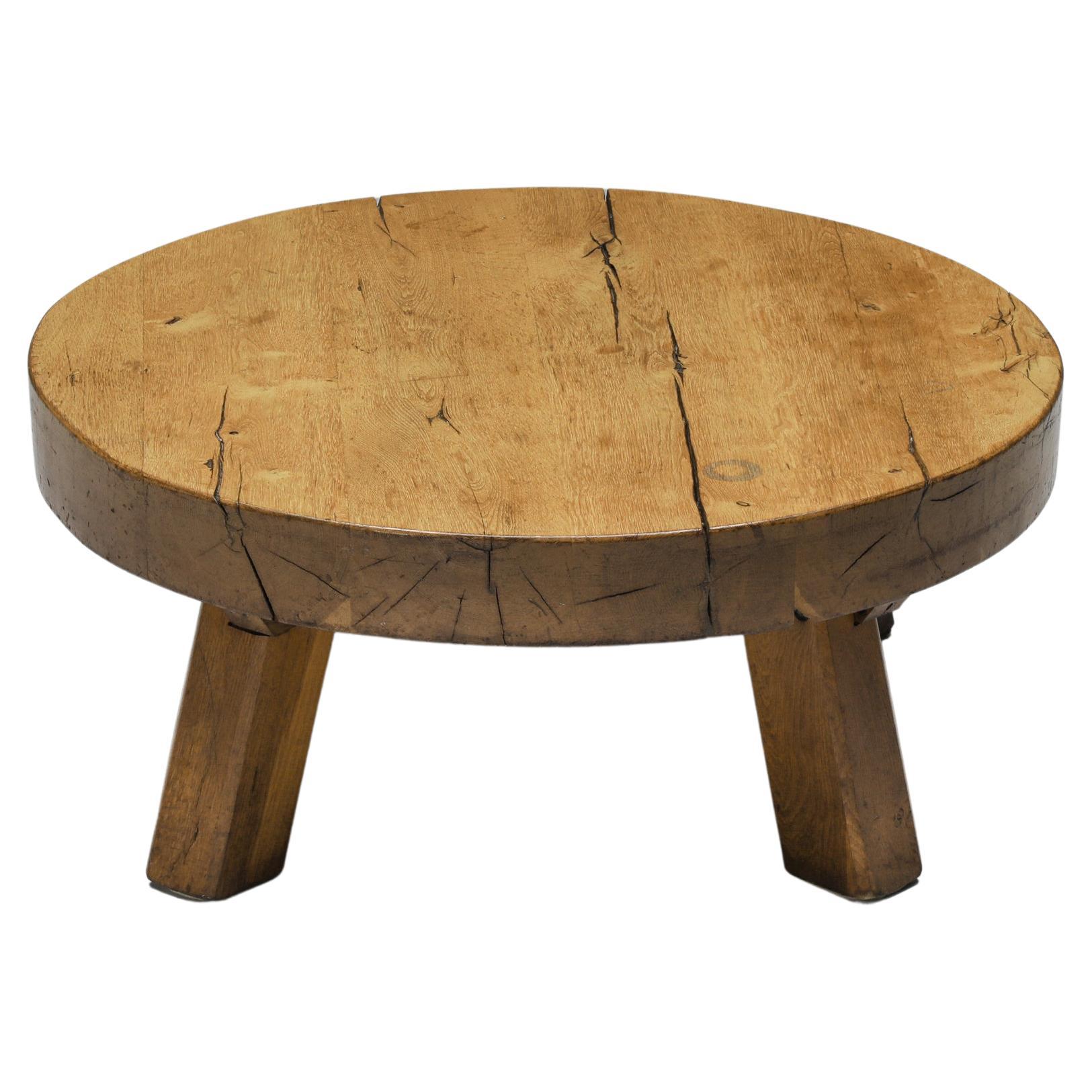 Round Rustic Wooden Coffee Table, France, 1950's