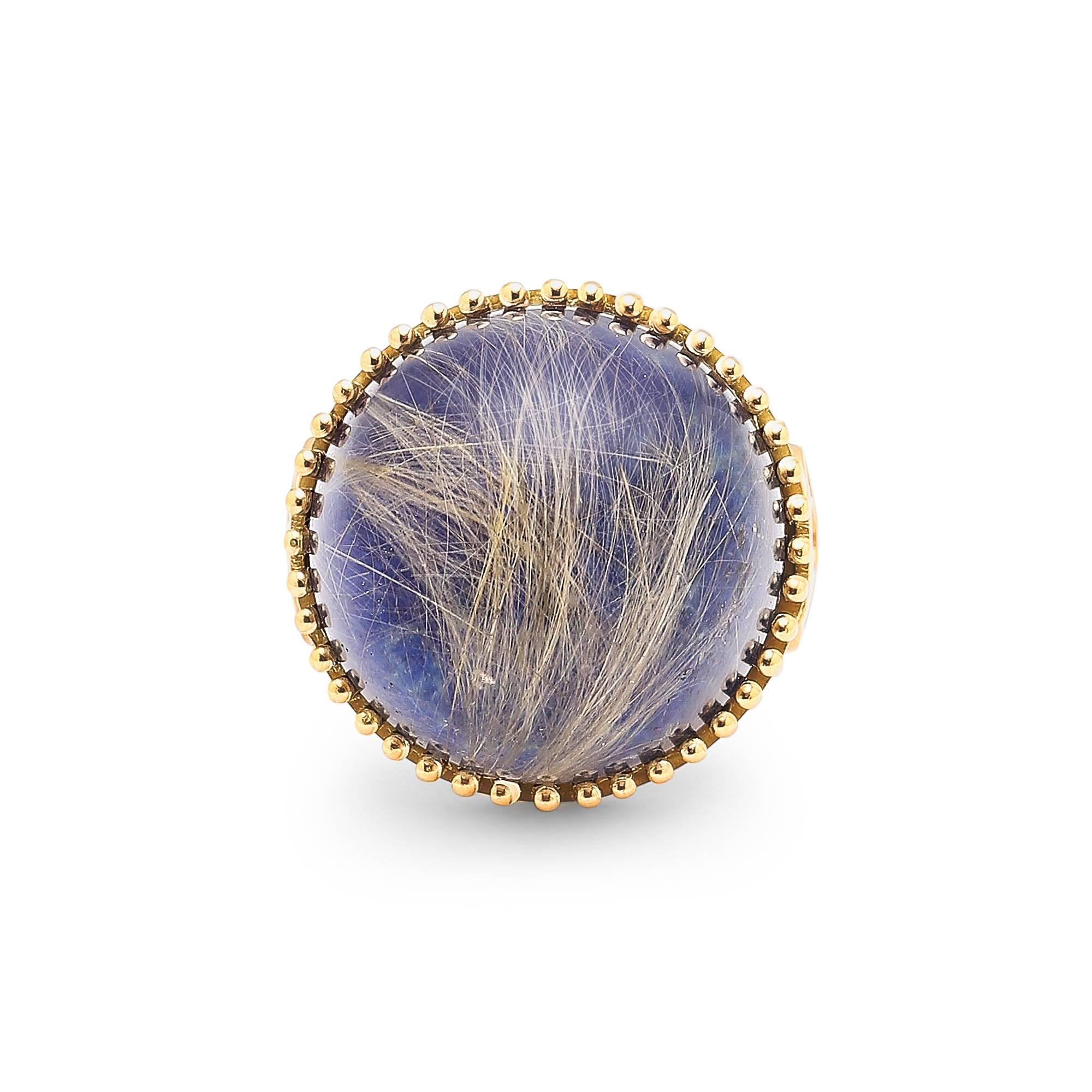 Modern Round Rutilated Quartz over Lapis Lazuli Doublet Cocktail Ring For Sale