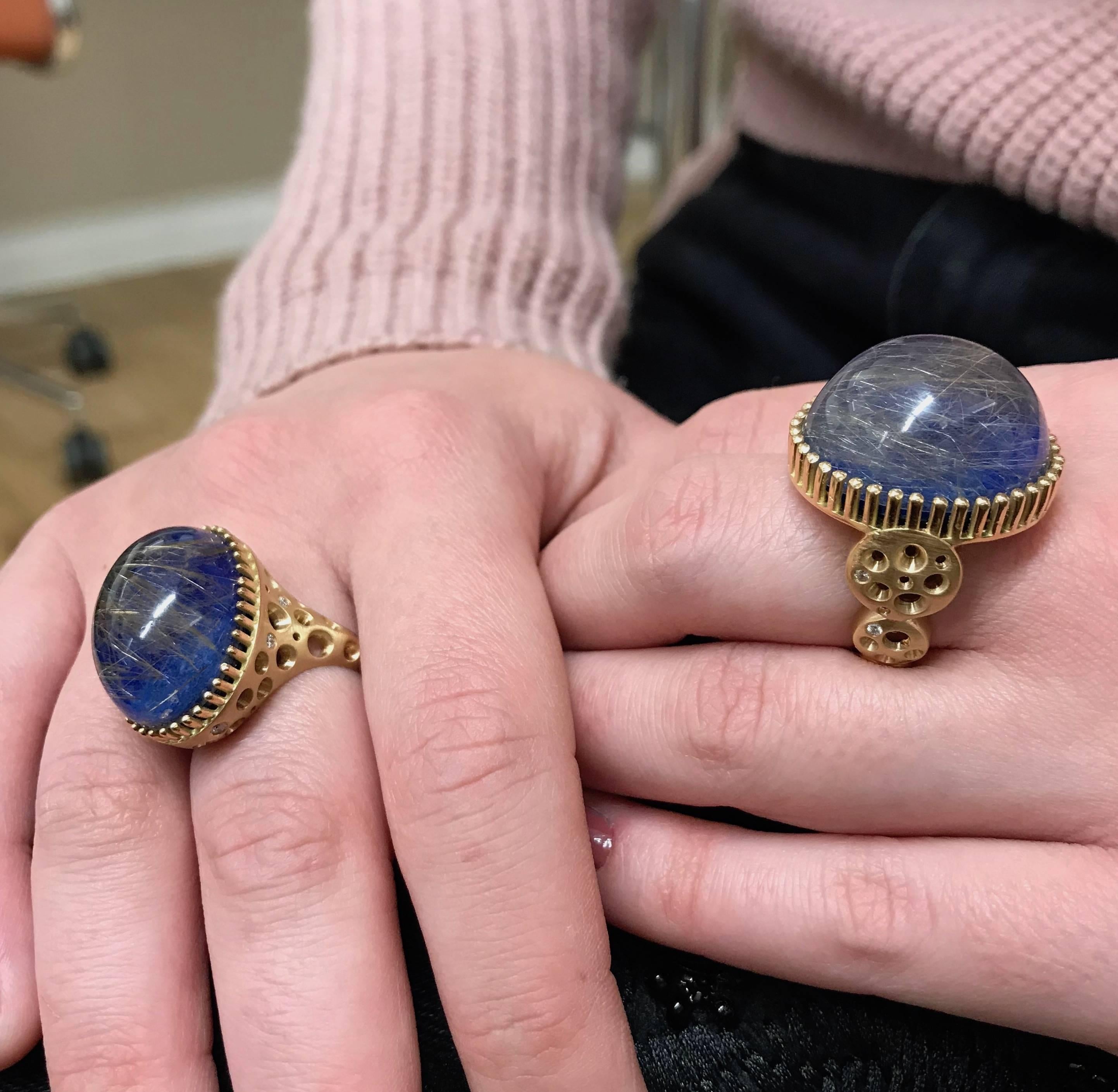 Round Cut Round Rutilated Quartz over Lapis Lazuli Doublet Cocktail Ring For Sale