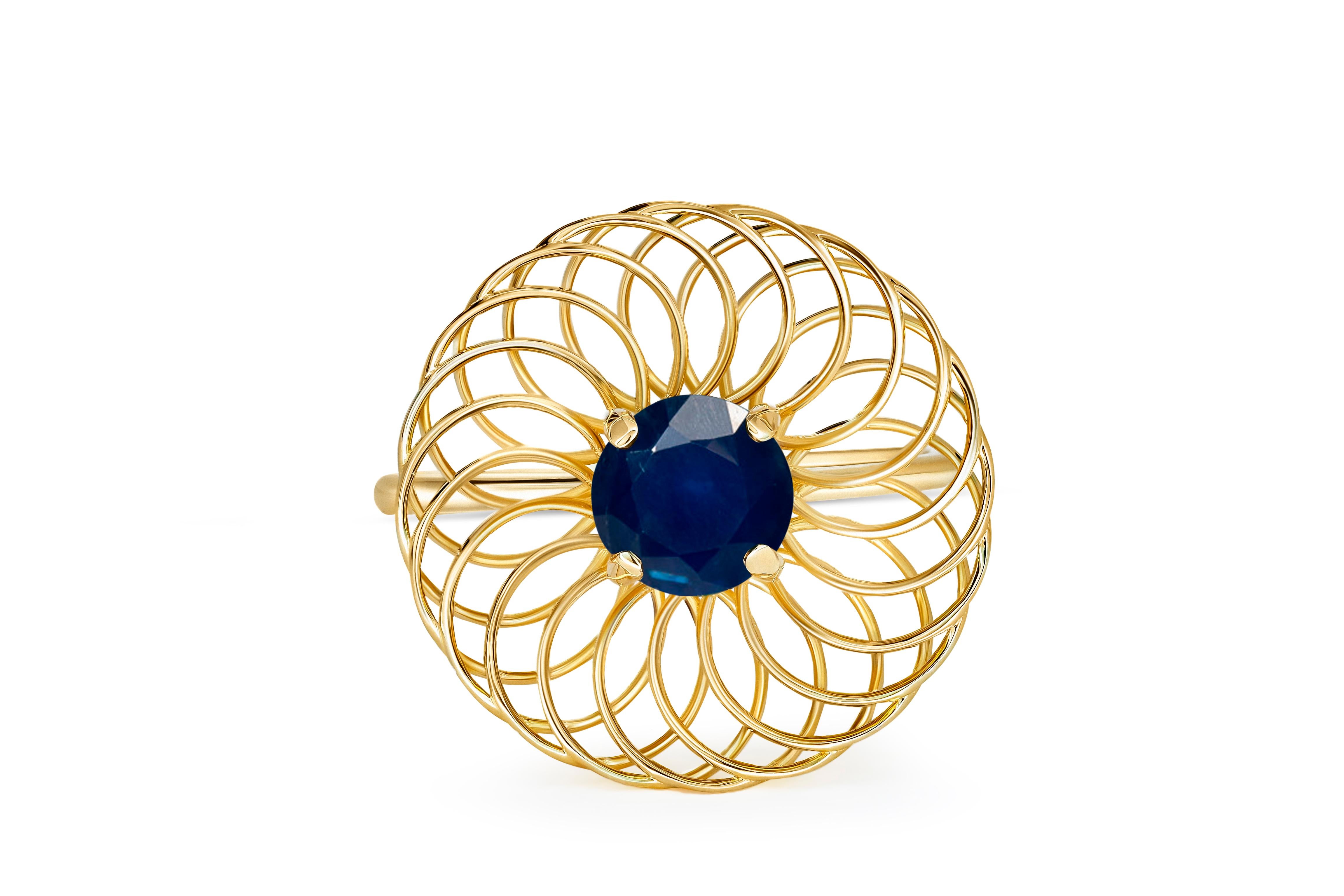Round sapphire 14k gold ring. 
Sapphire engagement ring. sapphire Geometric ring. Genuine sapphire ring. Sapphire vintage ring.

Metal type: 14kt solid gold
Weight: 2.00g. depends from size.

Gemstones:
Central stone: Natural sapphire
Cut: