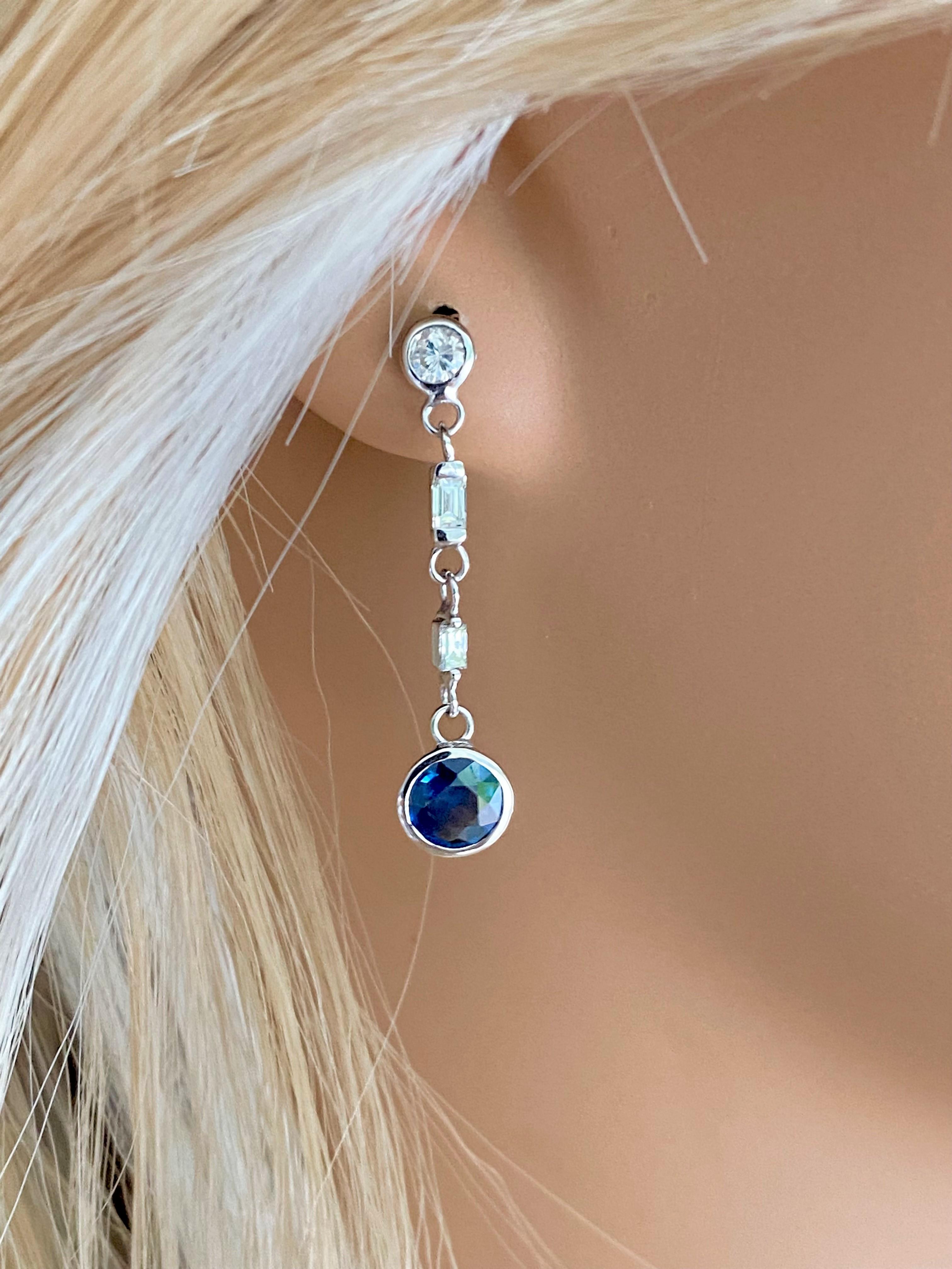 Contemporary Round Sapphire and Baguette Diamond Gold Earrings Weighing 2.30 Carat