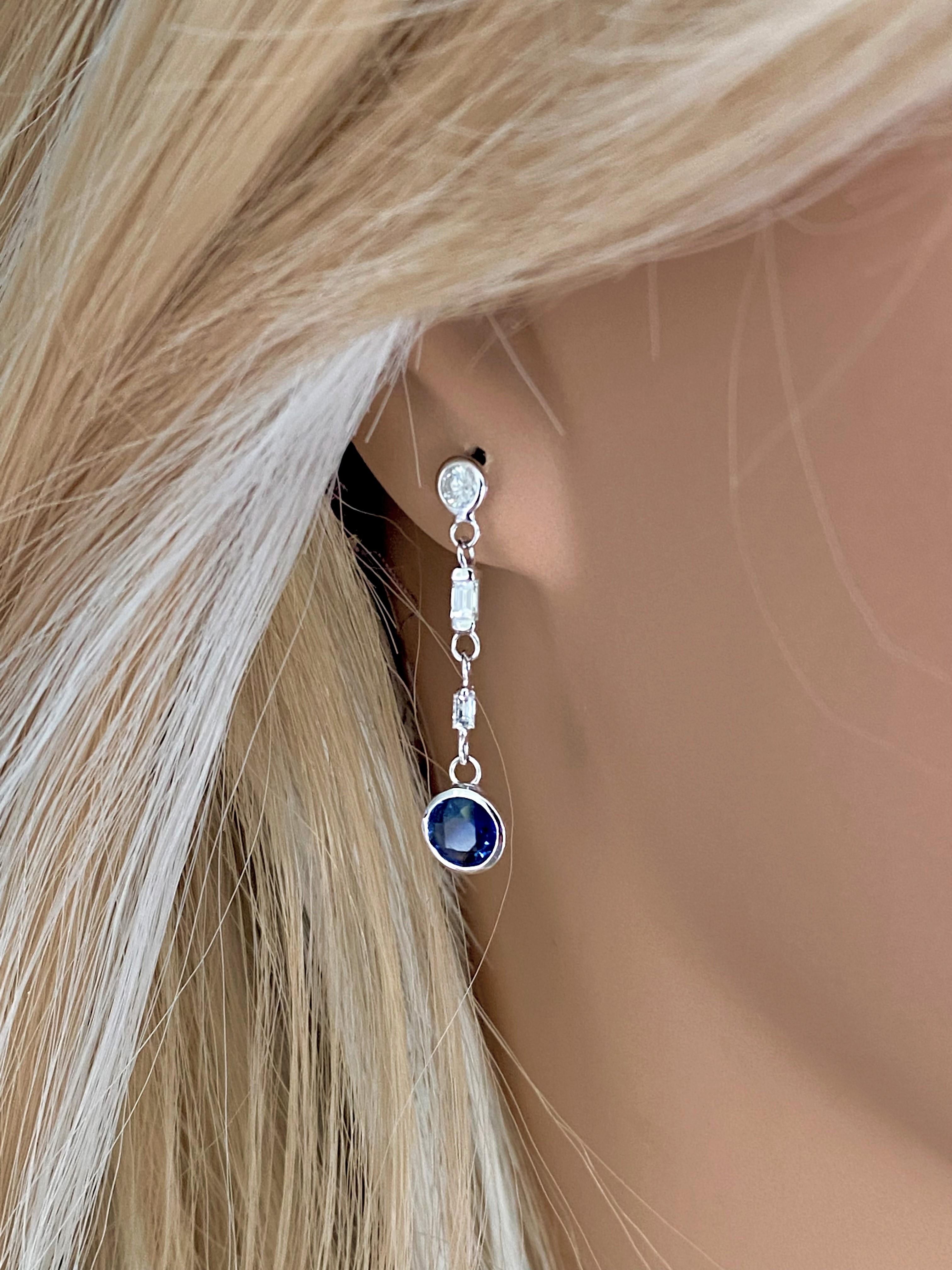 Round Sapphire and Baguette Diamond Gold Earrings Weighing 2.30 Carat In New Condition In New York, NY