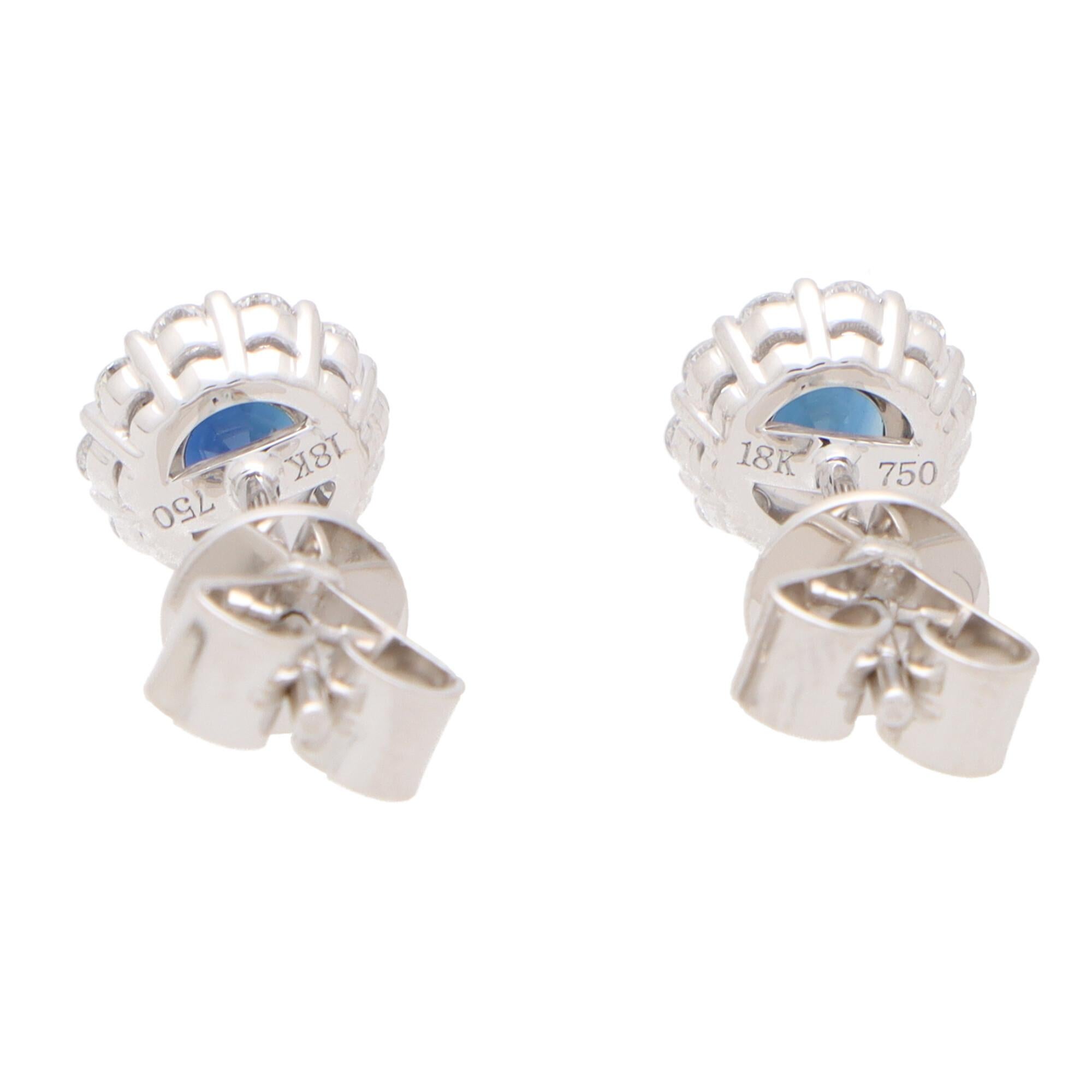 Round Sapphire and Diamond Cluster Earrings Set in 18k White Gold In Good Condition For Sale In London, GB