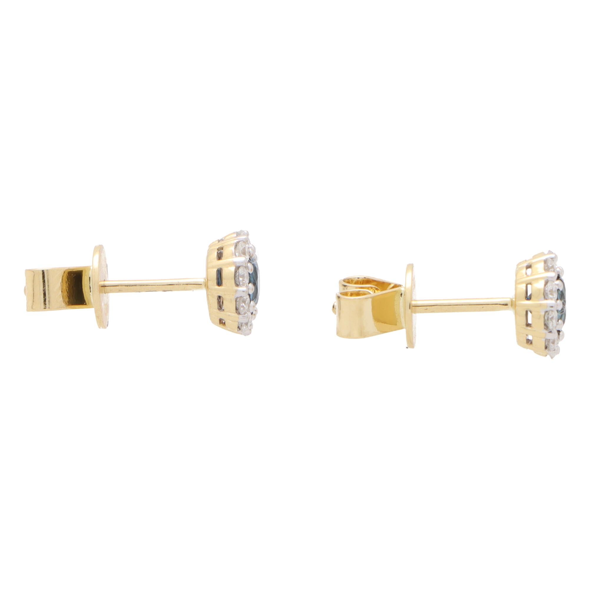 Round Cut Round Sapphire and Diamond Cluster Earrings Set in 18k Yellow Gold For Sale