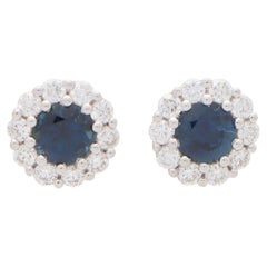 Round Sapphire and Diamond Cluster Earrings Set in 18k Yellow Gold