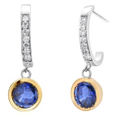 Round Sapphire and Diamond Hoop Two Tone Gold Earrings