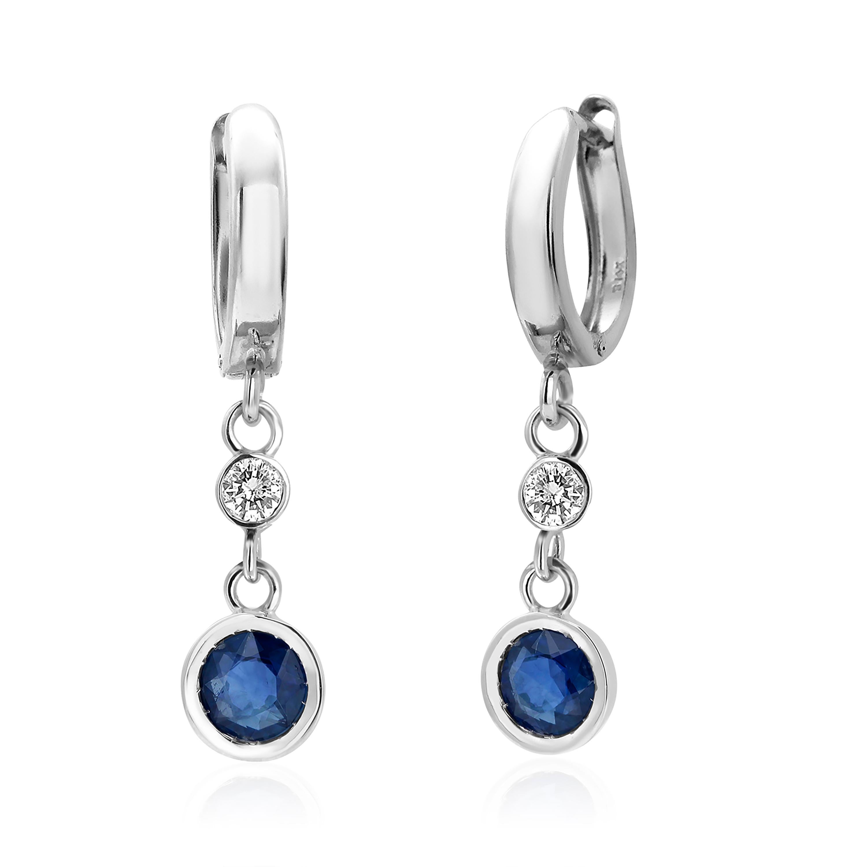 Round Cut Round Sapphire and Diamond Huggie Lever Back White Gold Earrings