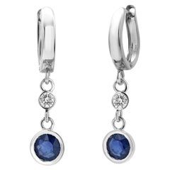 Round Sapphire and Diamond Huggie Lever Back White Gold Earrings