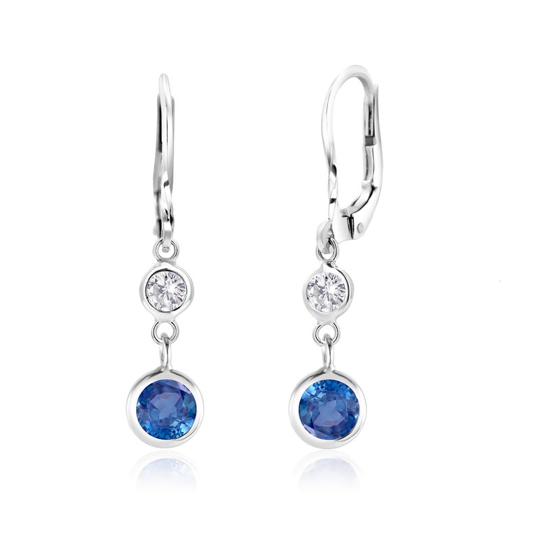 Round Cut Round Sapphire and Diamond Lever Back Gold Hoop Earrings
