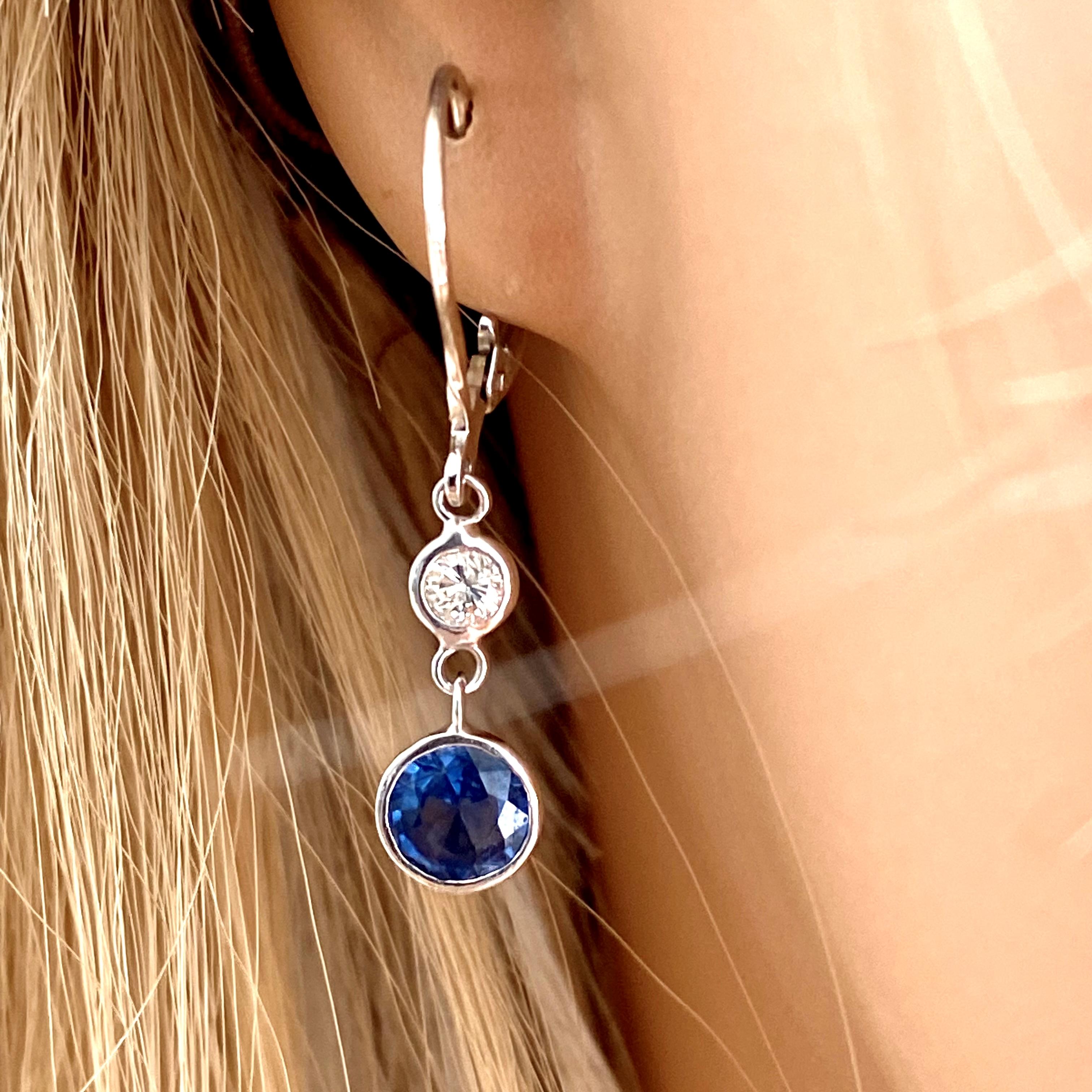 Contemporary Round Sapphire and Diamond Lever Back Gold Hoop Earrings