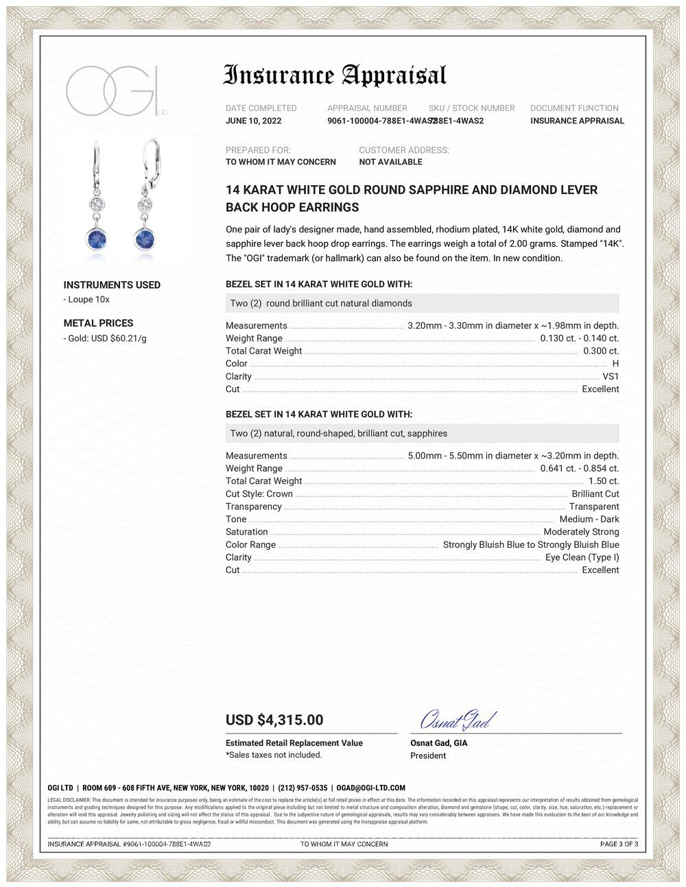 Fourteen karats white gold lever back hoop earrings 
Two round sapphires total weight 1.50 carat
Two round diamond weighing 0.30 carats
New Earrings
Handmade in the USA 
Our team of graduate gemologists carefully hand-select every diamond and