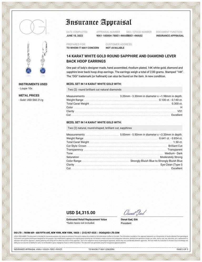 Fourteen karats white gold lever back hoop earrings 
Two round sapphires total weight 1.50 carat
Two round diamond weighing 0.30 carats
New Earrings
Handmade in the USA 
Our team of graduate gemologists carefully hand-select every diamond and