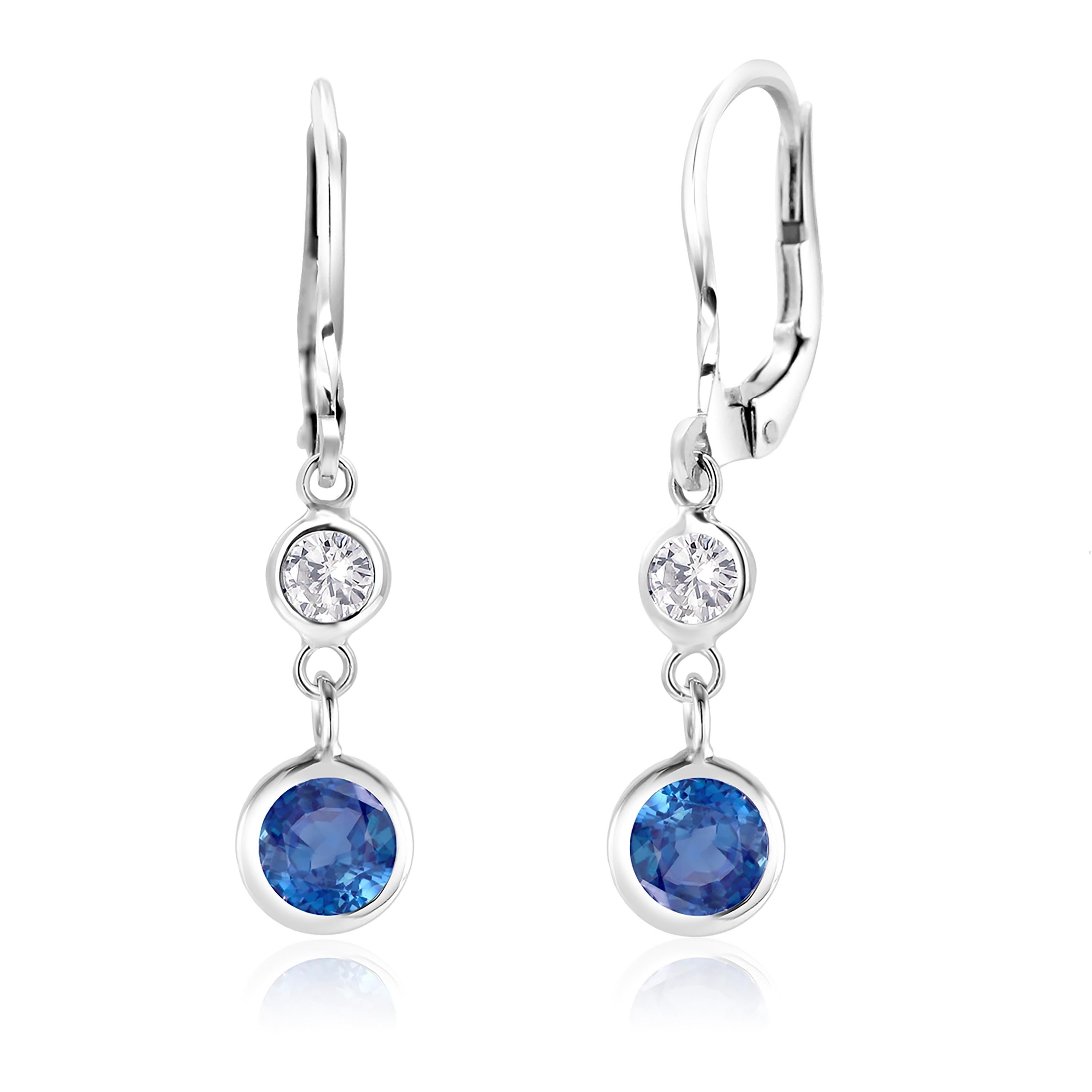 Women's Round Sapphire and Diamond Lever Back Gold Hoop Earrings