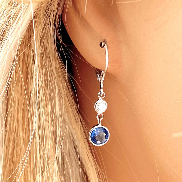 Round Sapphire and Diamond Lever Back Gold Hoop Earrings 3