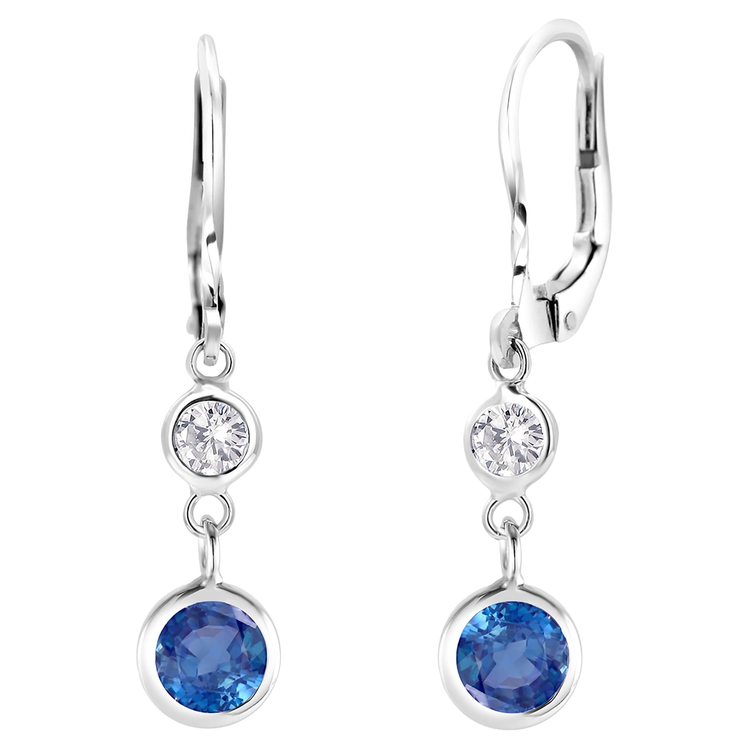 Round Sapphire and Diamond Lever Back Gold Hoop Earrings
