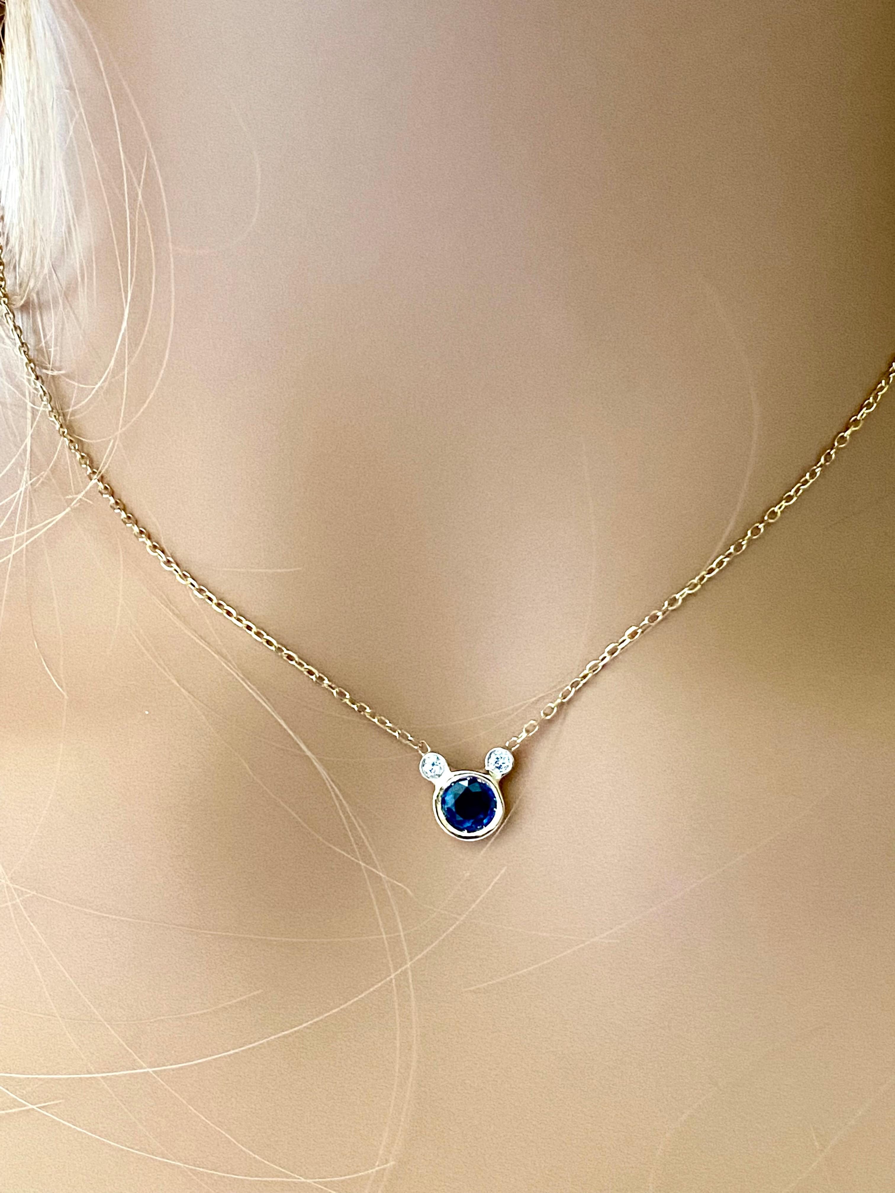 Round Cut Round Sapphire and Diamond Yellow Gold Drop Necklace Pendant