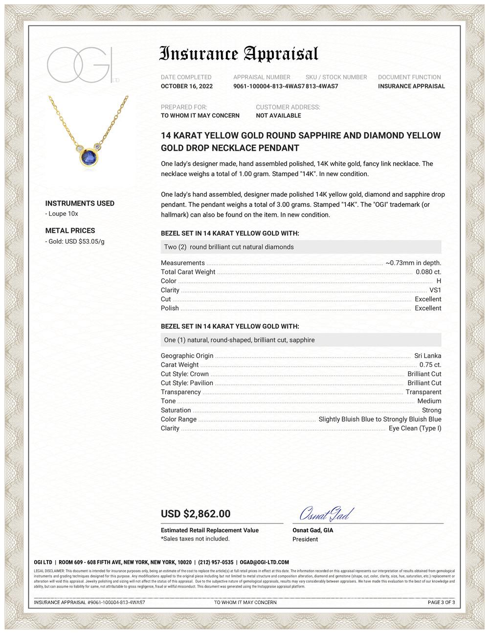 Fourteen karats yellow gold trending layering necklace pendant 
One round sapphire bezel set weighing 0.75 carats
Two bezel set diamonds weighing 0.08 carats set in 14 karat white gold 
Chain measuring 16 inches long
Cable chain necklace with a