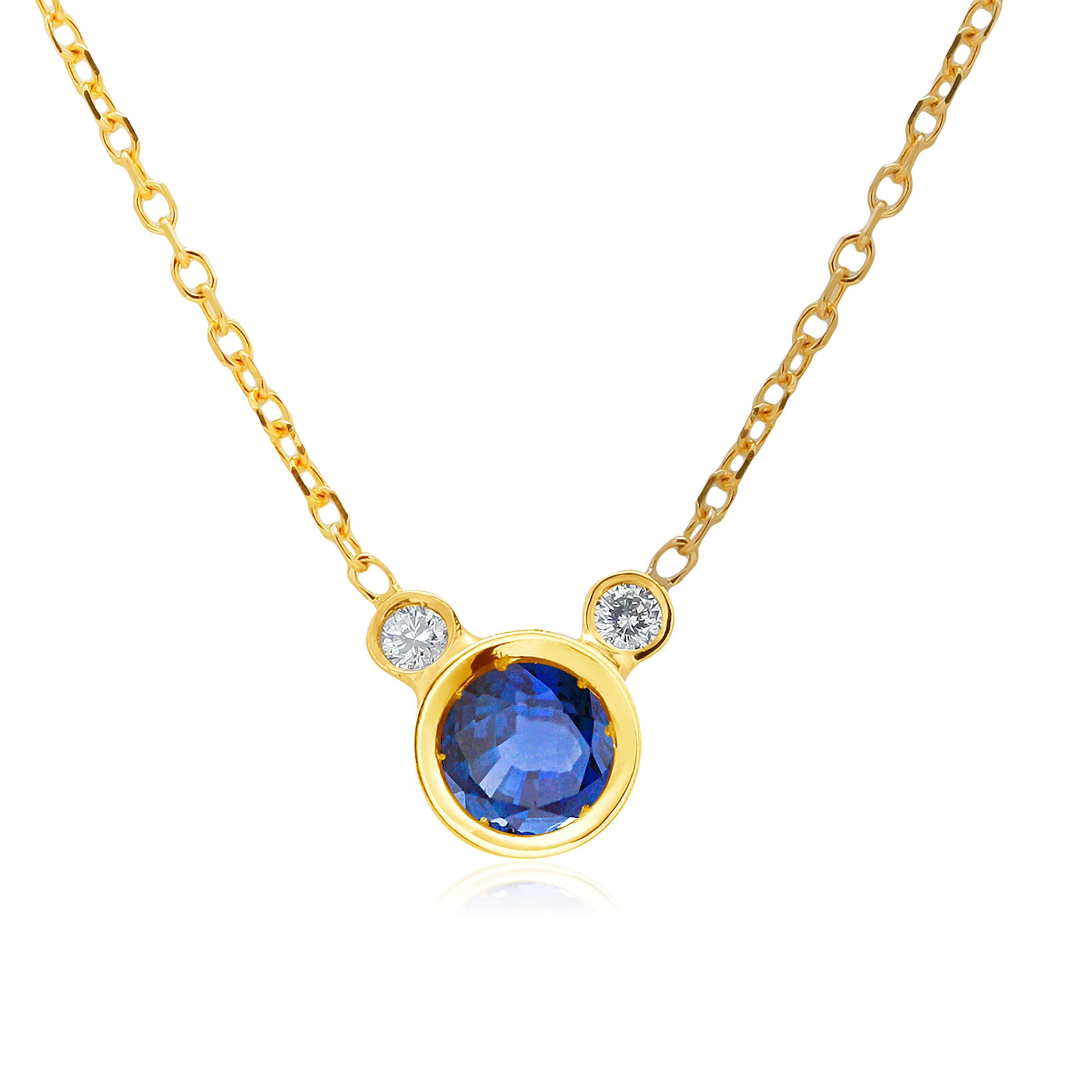 Round Sapphire and Diamond Yellow Gold Drop Necklace Pendant In New Condition In New York, NY