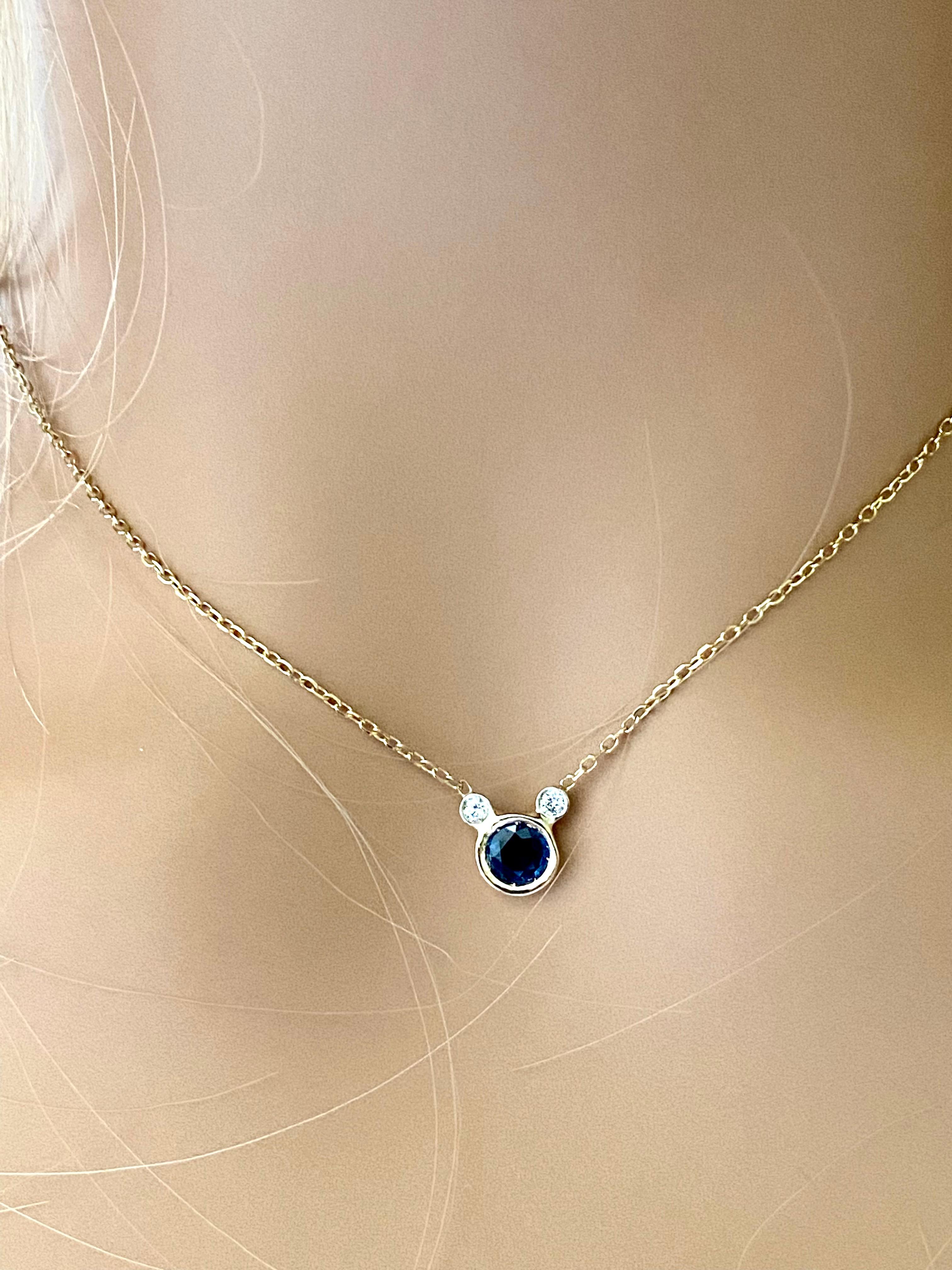 Women's or Men's Round Sapphire and Diamond Yellow Gold Drop Necklace Pendant