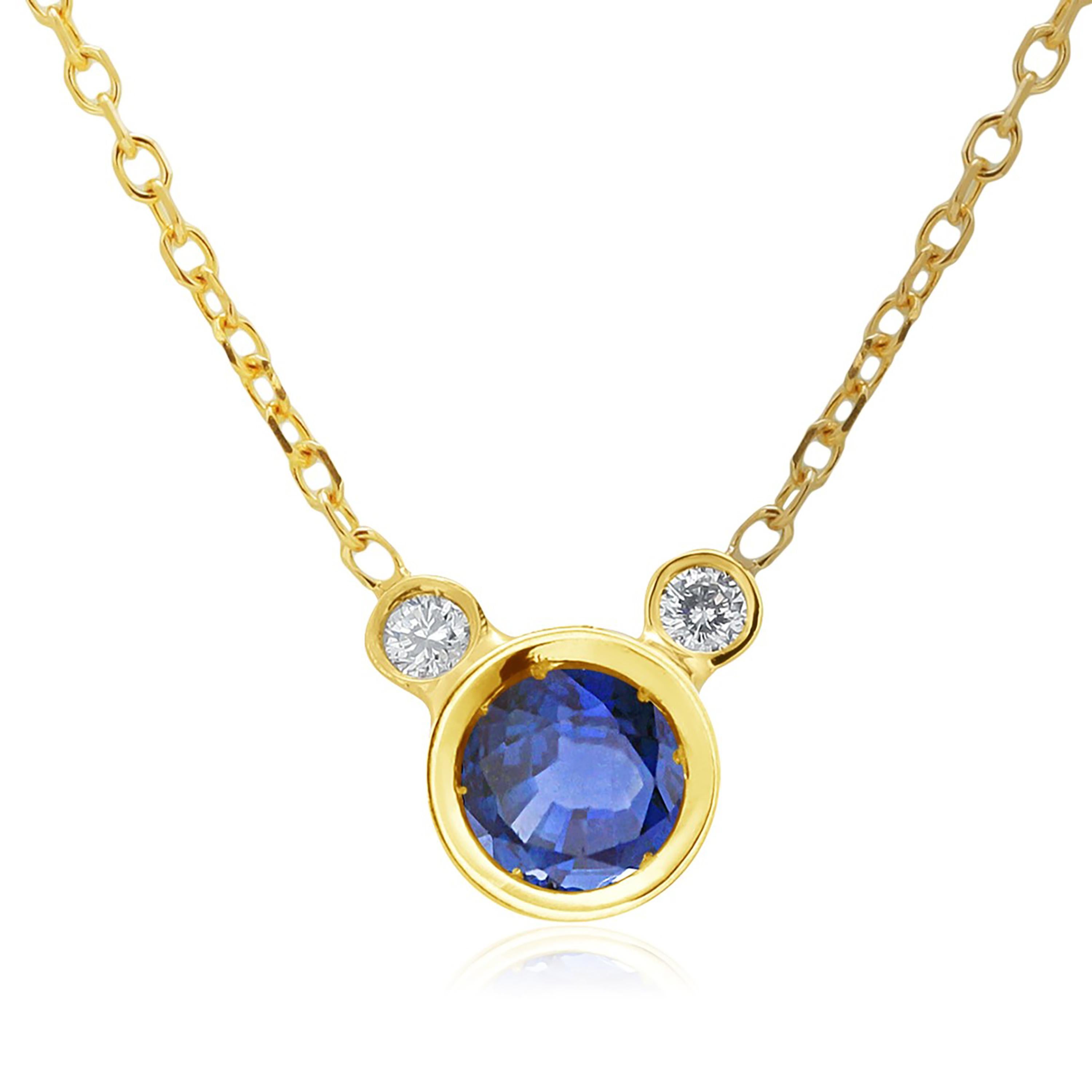 Round Sapphire and Diamond Yellow Gold Drop Necklace Pendant 1