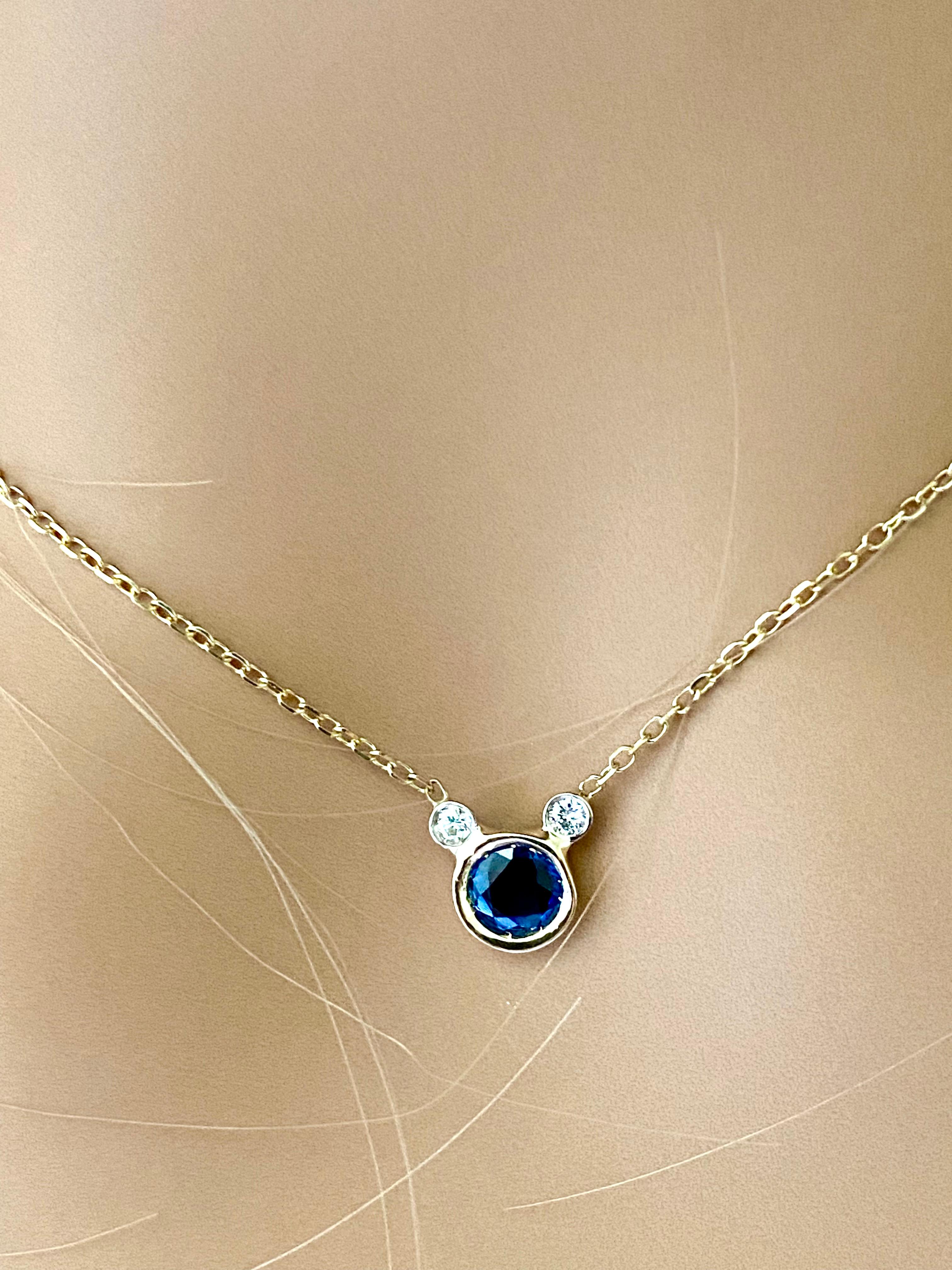 Round Sapphire and Diamond Yellow Gold Drop Necklace Pendant 2