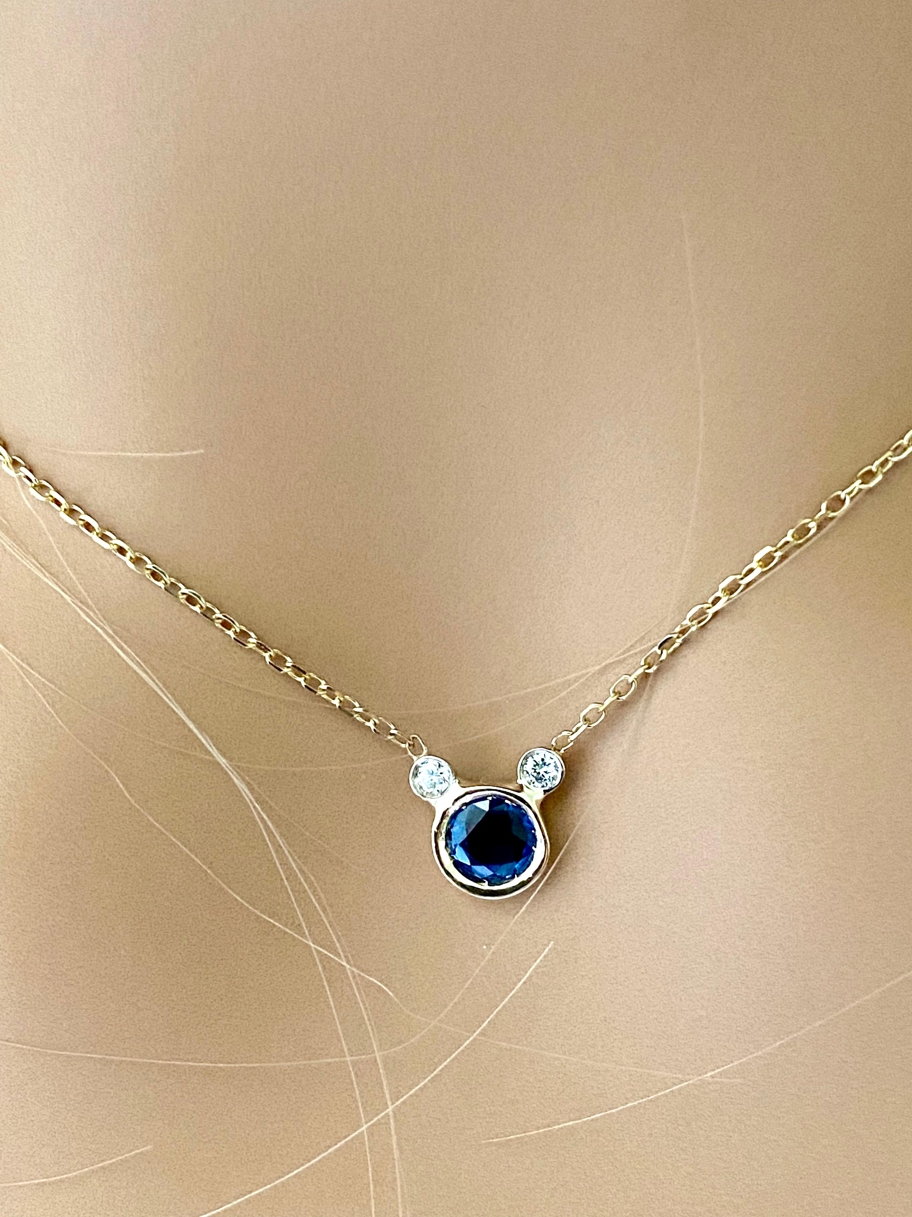 Contemporary Round Sapphire and Diamond Yellow Gold Drop Necklace Pendant