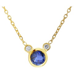 Round Sapphire and Diamond Yellow Gold Drop Necklace Pendant