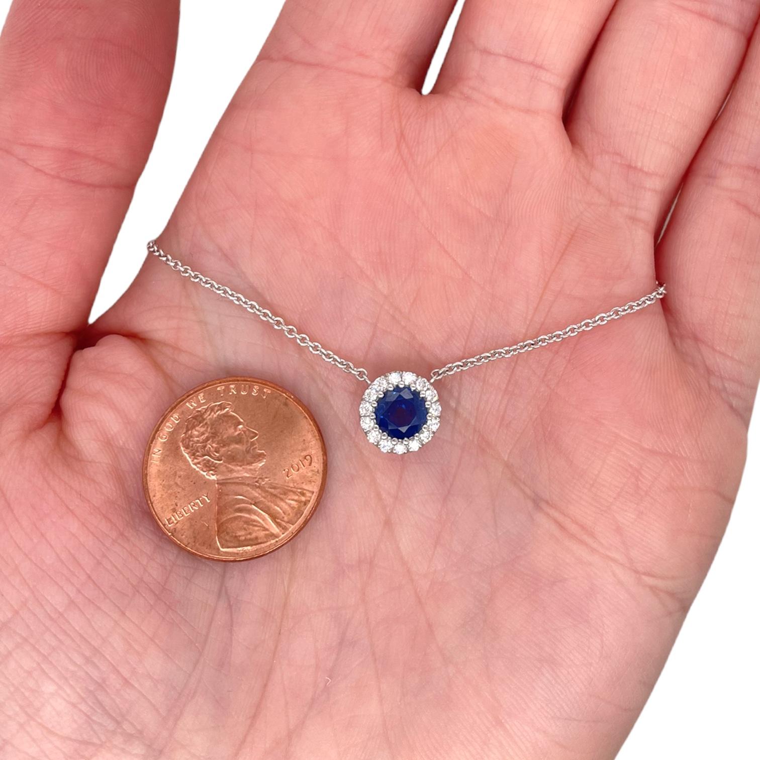 Contemporary Round Sapphire & Diamond Cluster Halo Pendant in 14K White Gold