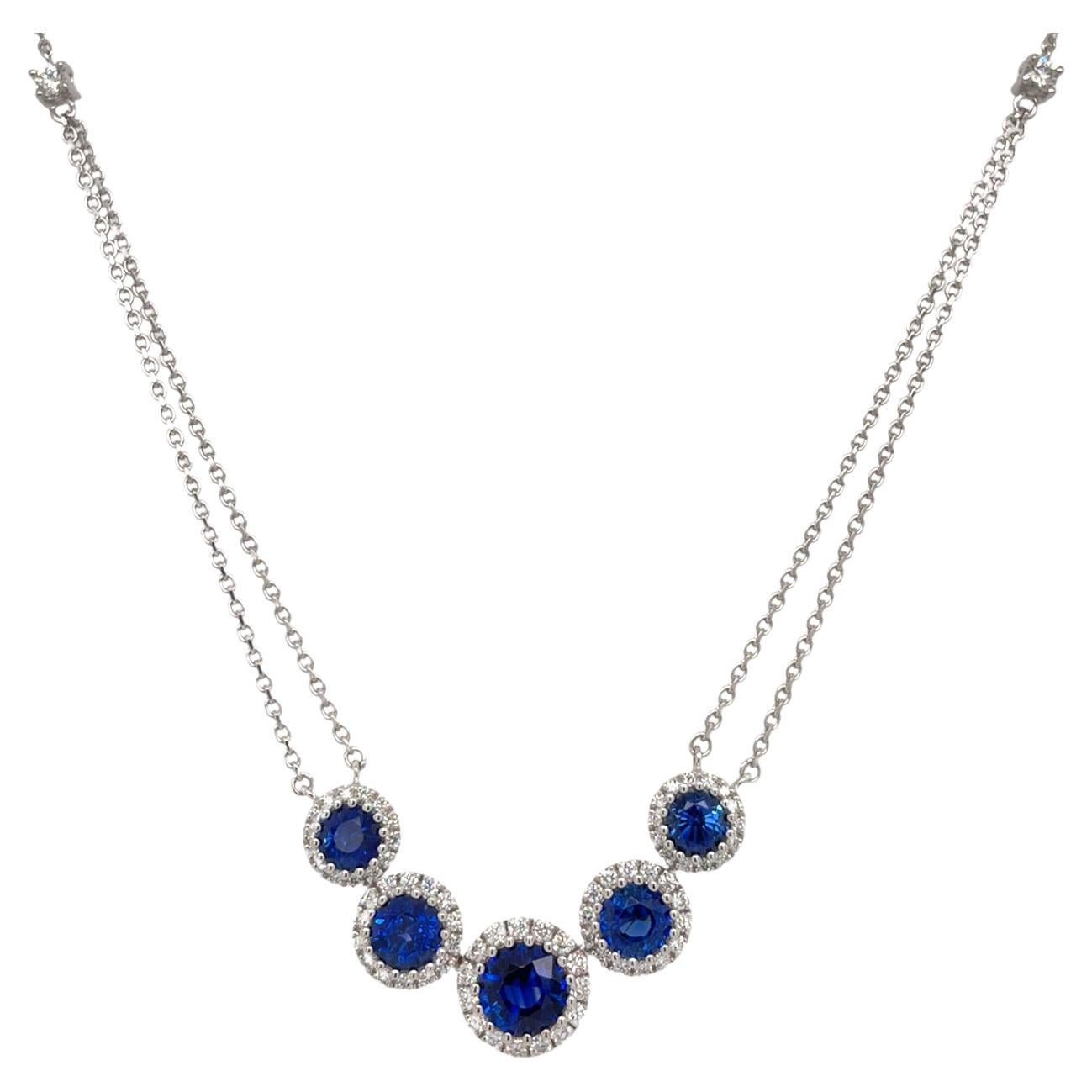 Round Sapphire & Diamond Cluster Necklace in 14K White Gold For Sale