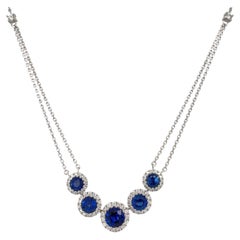 Round Sapphire & Diamond Cluster Necklace in 14K White Gold