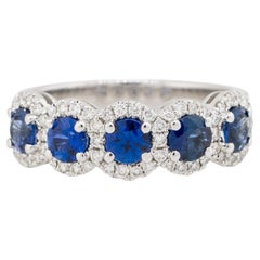 Round Sapphire & Diamond Halo Ring 18 Karat in Stock