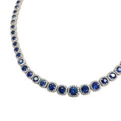 Round Sapphire & Diamond Halo Riviera Necklace in 18K White Gold