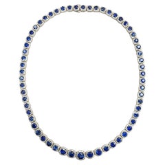 Round Sapphire & Diamond Halo Riviera Necklace in 18K White Gold