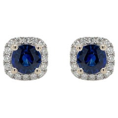 Round Sapphire & Diamond Halo Stud Earrings in 18K White Gold