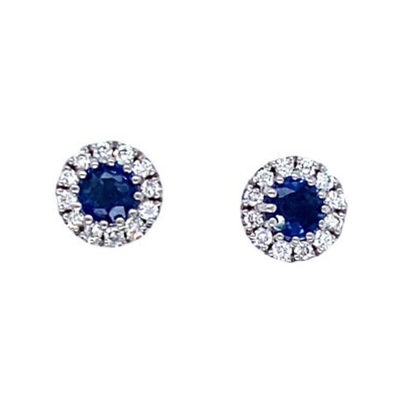 Round Sapphire Surrounded by 0.16ct F/VS Diamonds Earrings Set in 18ct Gold