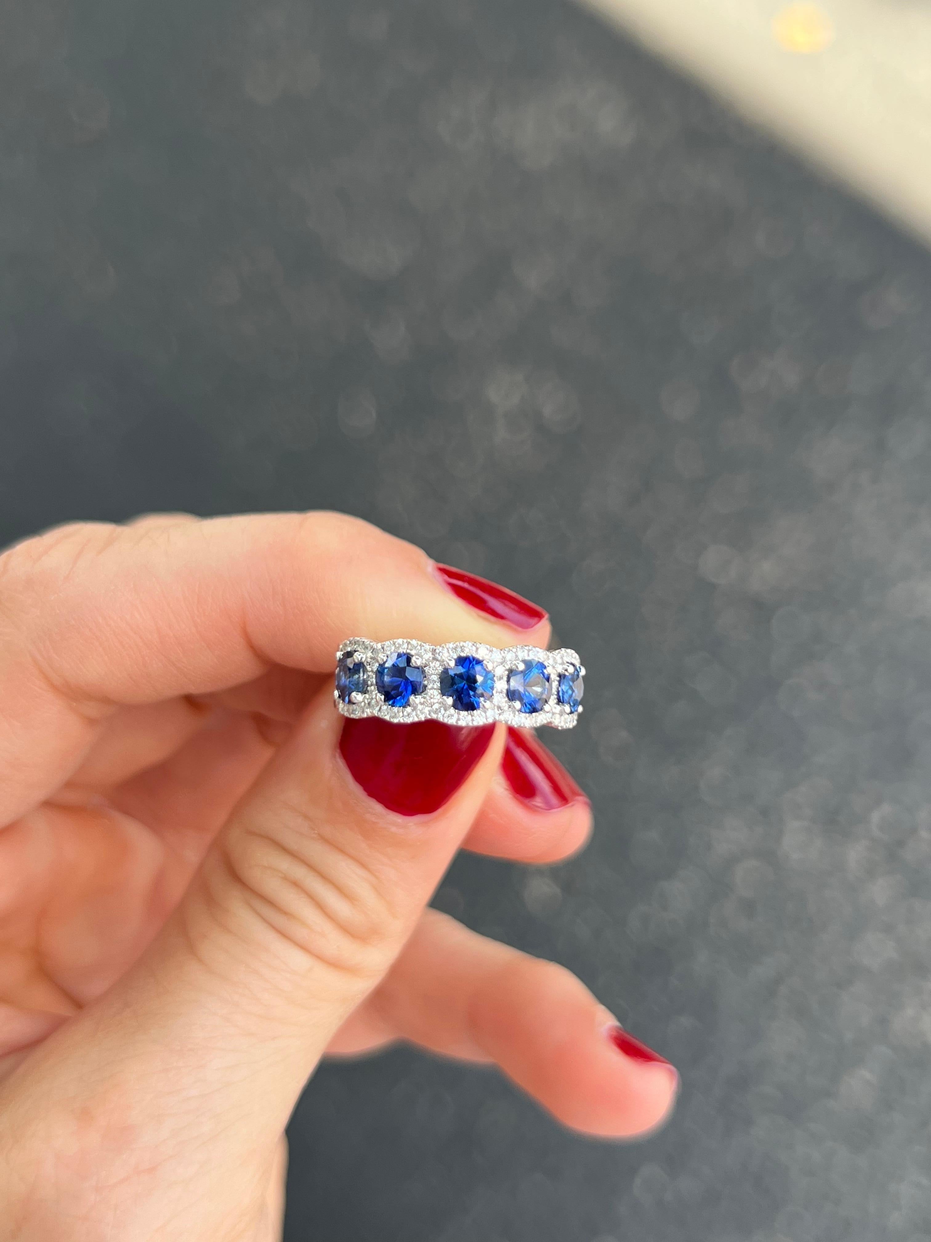 Round Sapphires and Diamond Band Ring For Sale 2