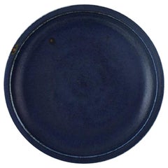 Vintage Round Saxbo Dish in Glazed Stoneware, Beautiful Glaze in Deep Blue Shades