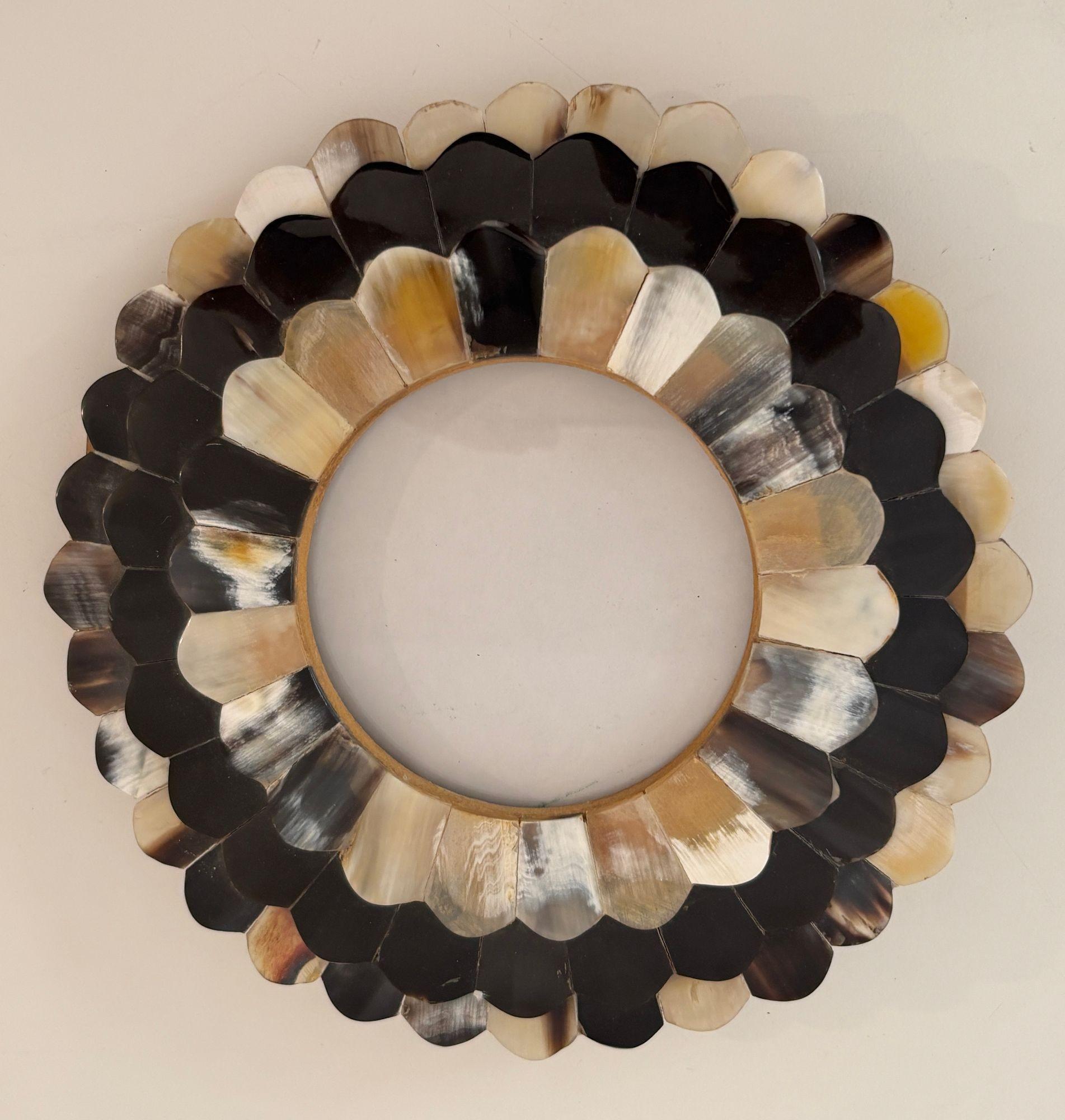 Islamic Round Scalloped Picture Frame in White and Brown Horn Bone Inlaid For Sale