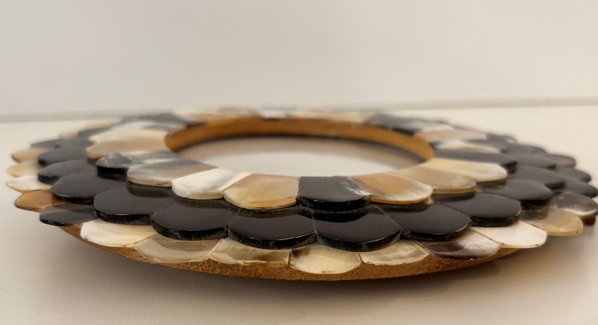 Indian Round Scalloped Picture Frame in White and Brown Horn Bone Inlaid For Sale