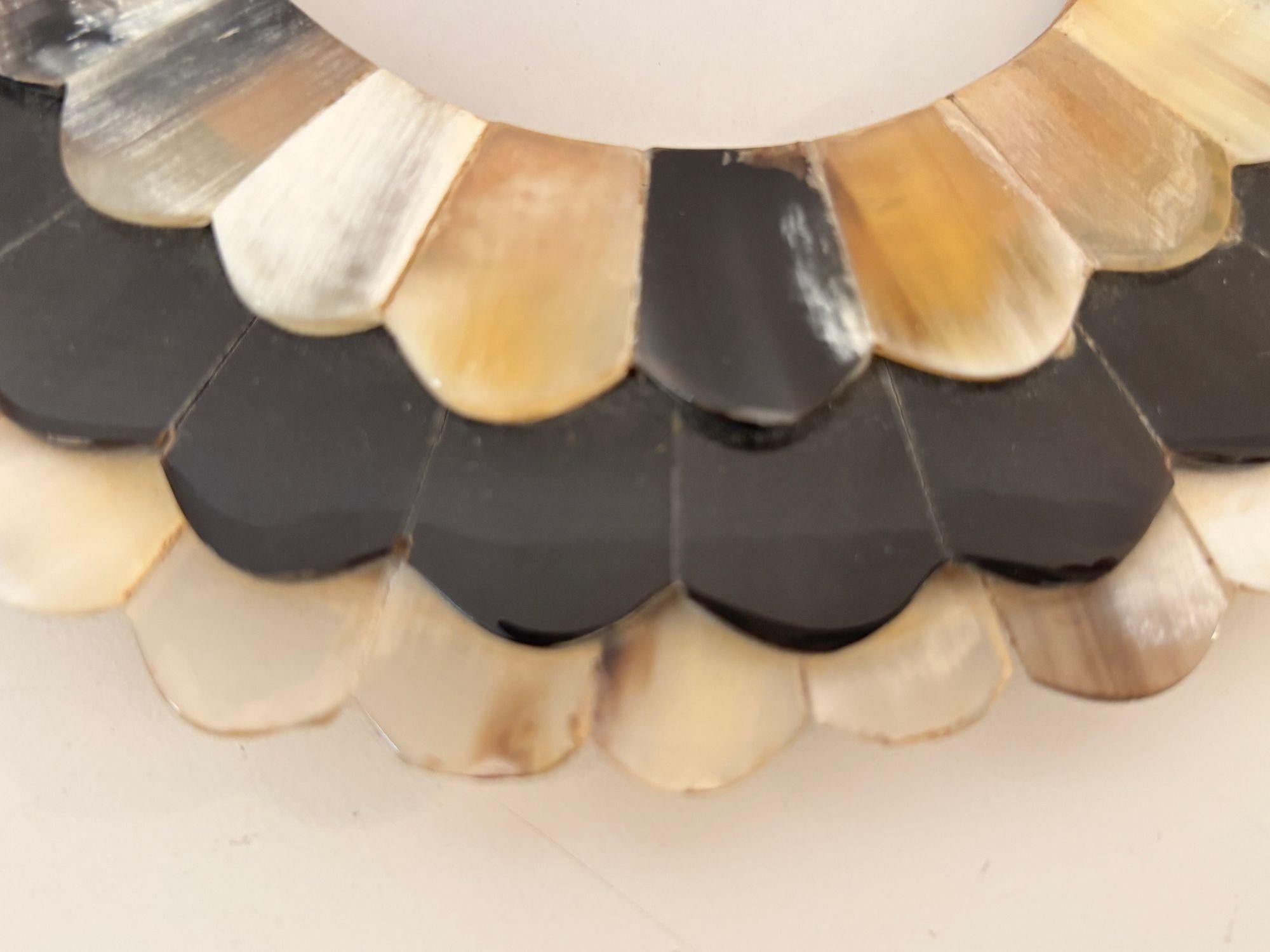 Hand-Carved Round Scalloped Picture Frame in White and Brown Horn Bone Inlaid For Sale