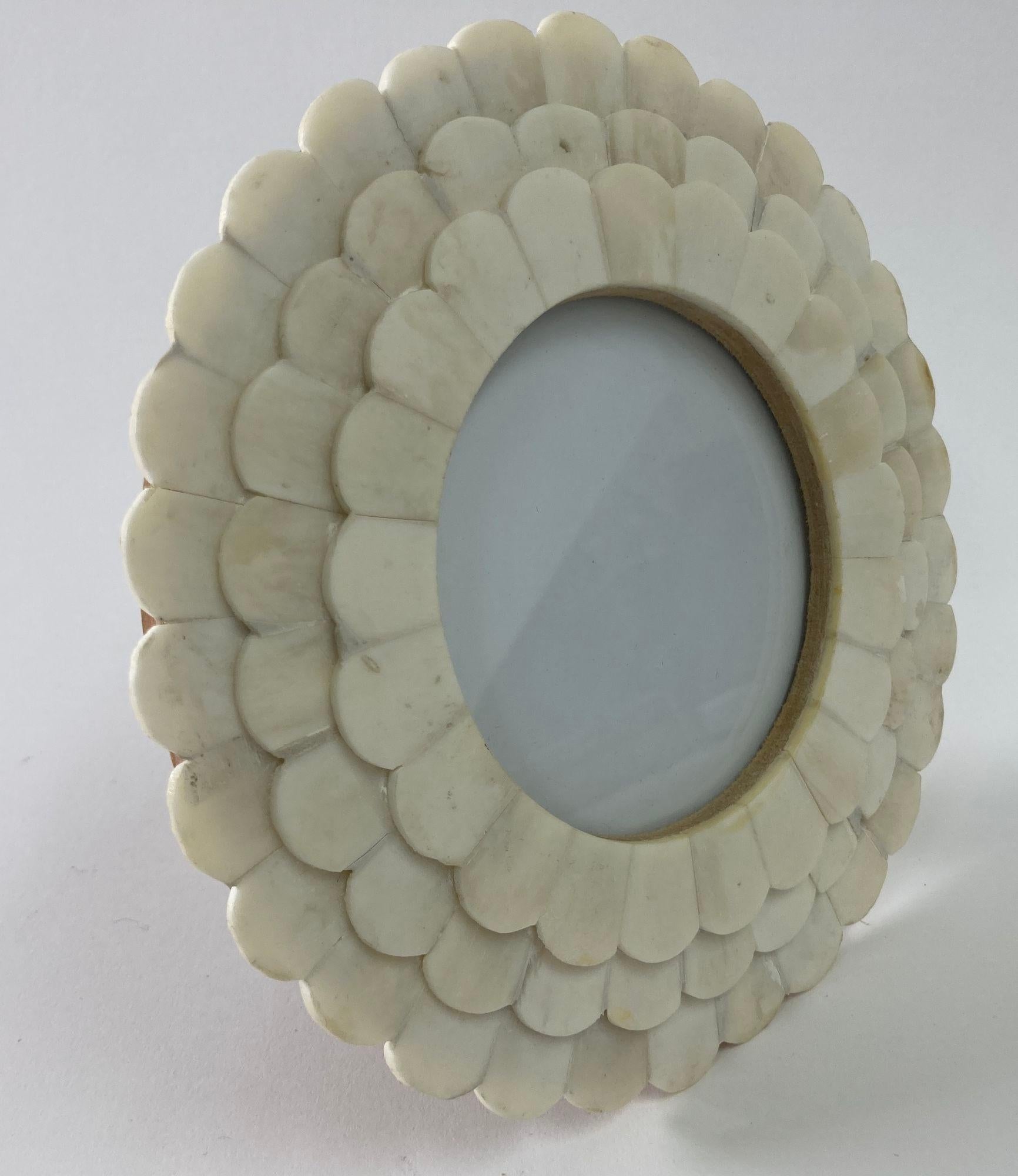 Indian Round Scalloped Picture Frame in White Bone Inlaid For Sale