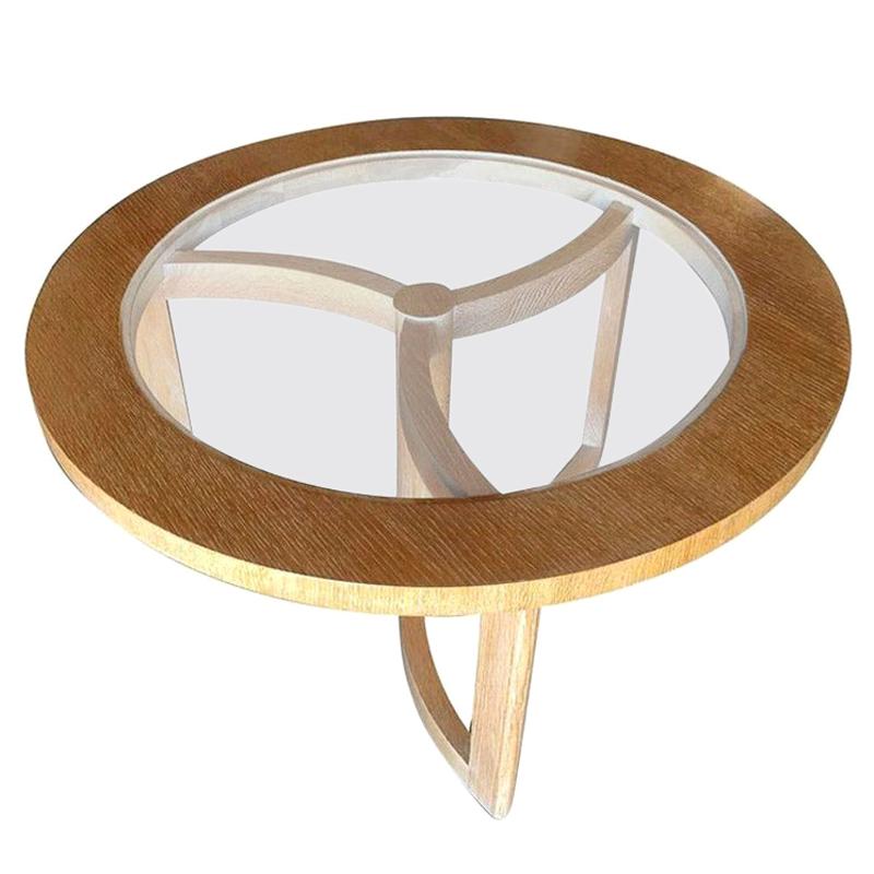 Table basse scandinave ronde à fuseau en chêne avec plateau en verre