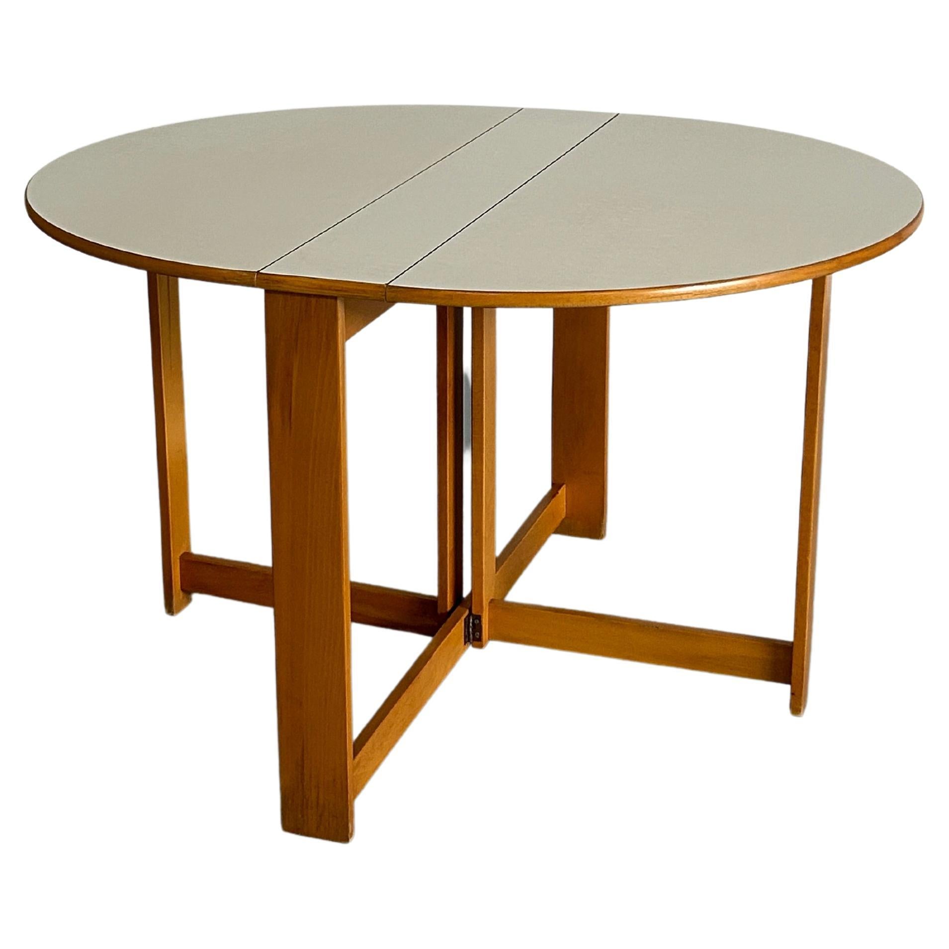 Round Scandinavian Vintage Oakwood Foldable Dining Table with Side Wings, 1970s